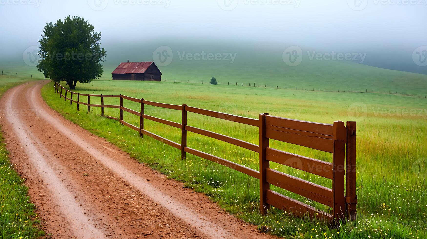 Serene country road leading to a rustic barn surrounded by lush green fields in fog photo