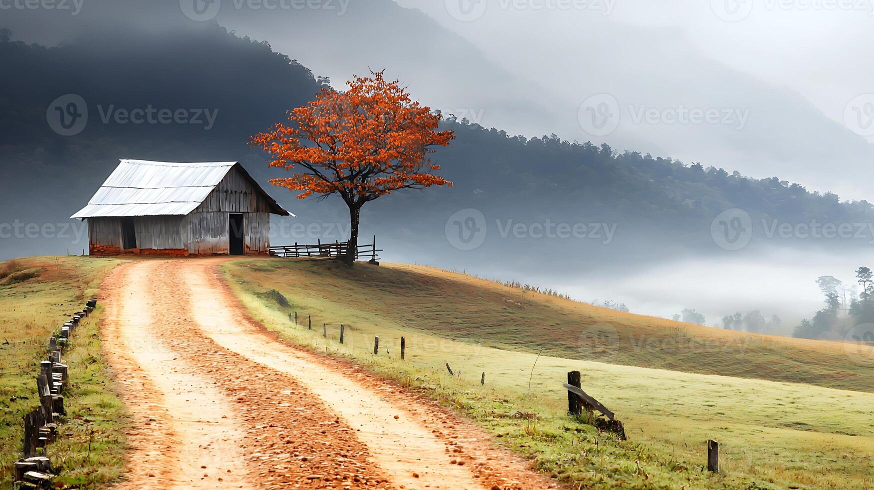 Serene countryside scene featuring a rustic cabin beside a vibrant autumn tree along a winding dirt road photo