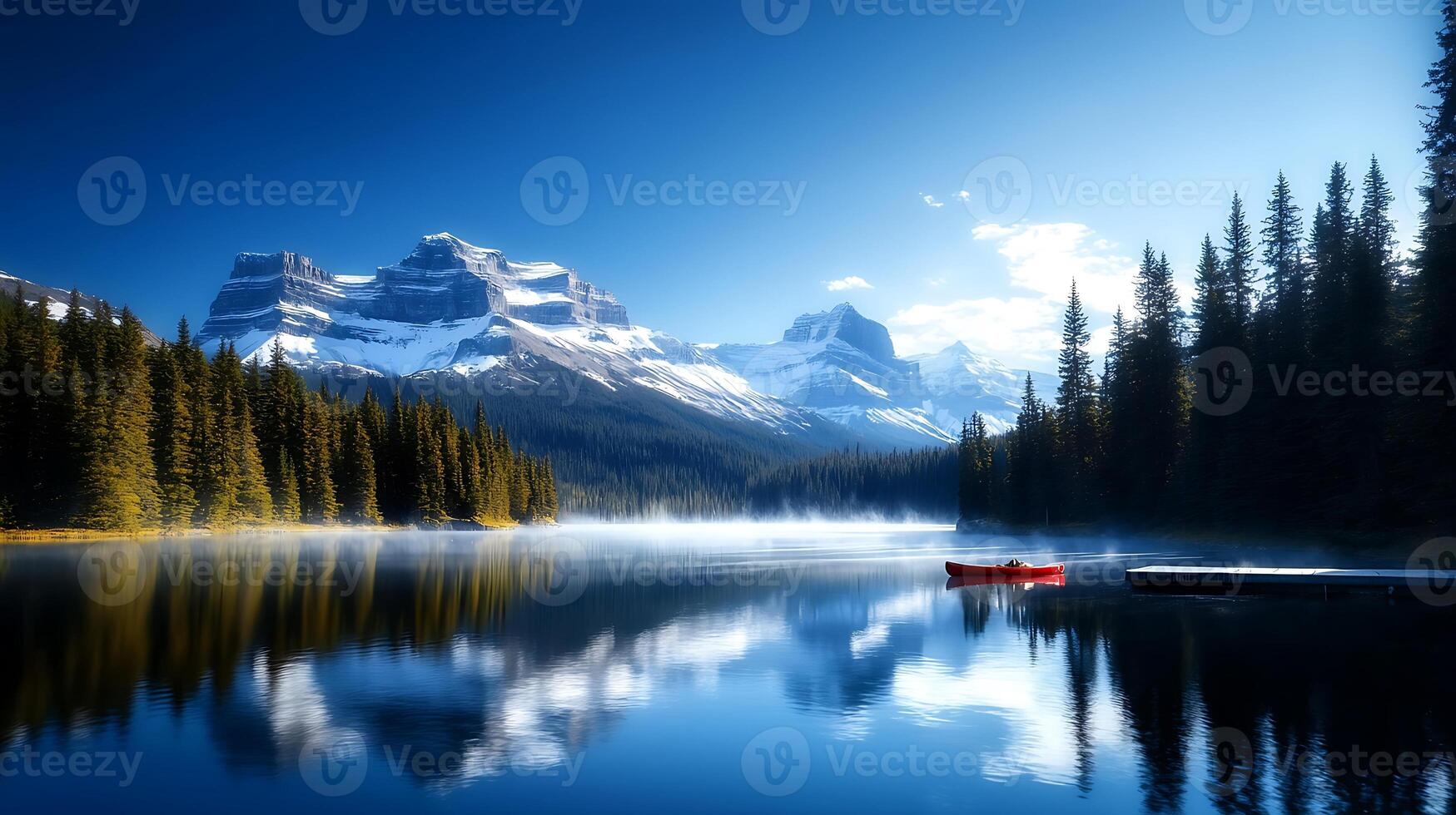 Serene lake surrounded by majestic mountains and lush forests under a clear blue sky photo