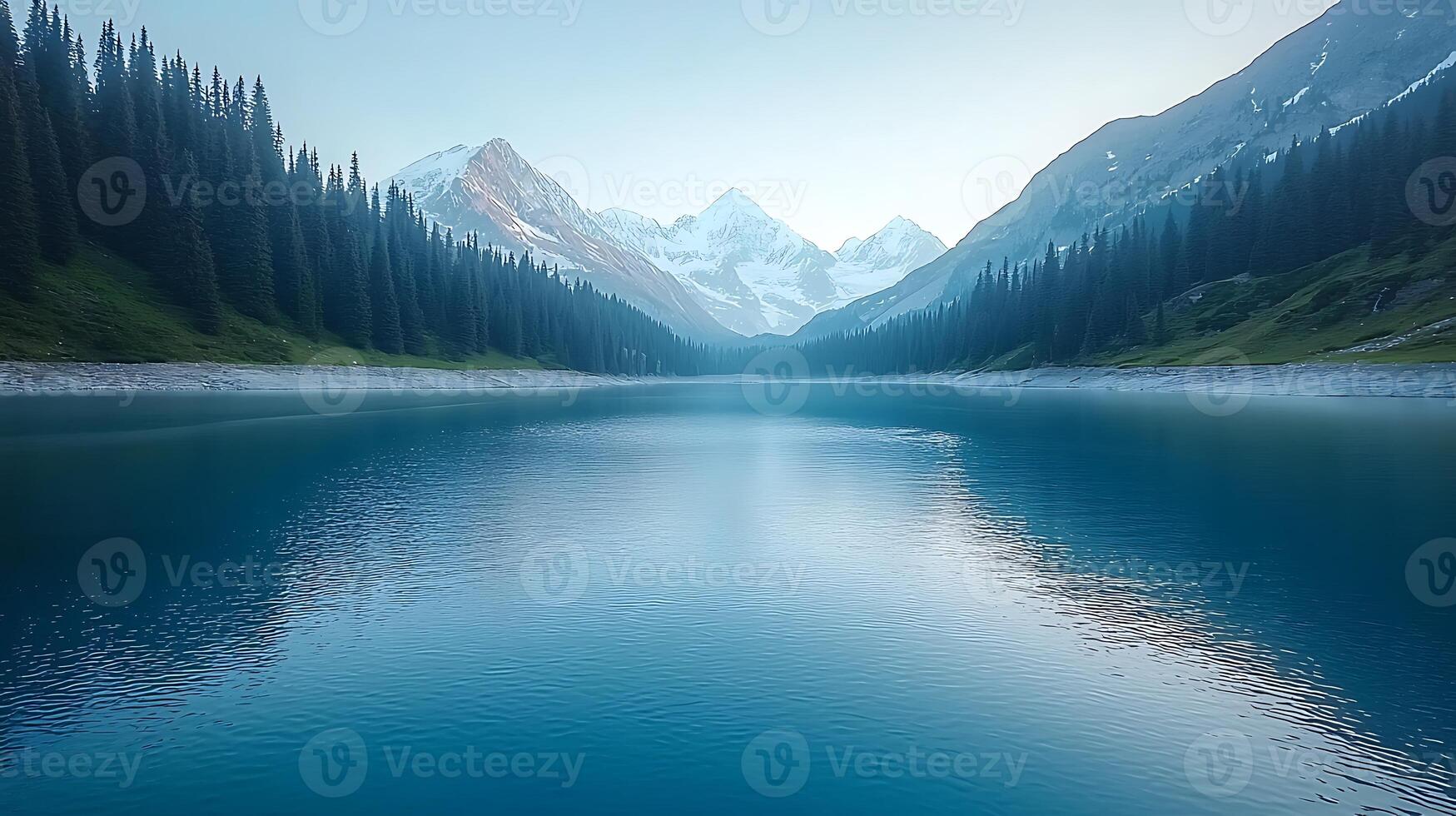 Serene mountain lake reflecting peaks and pine trees under a soft morning light photo
