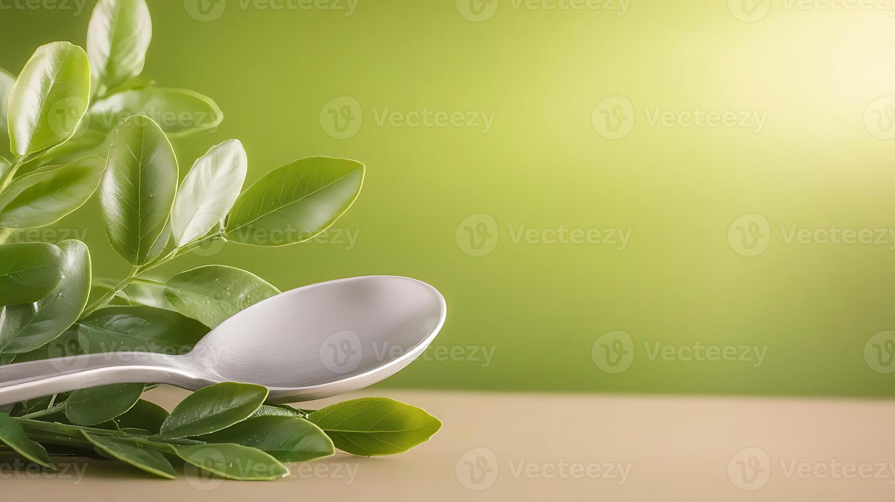 Silver spoon resting on a wooden surface surrounded by vibrant green leaves against a soft background photo
