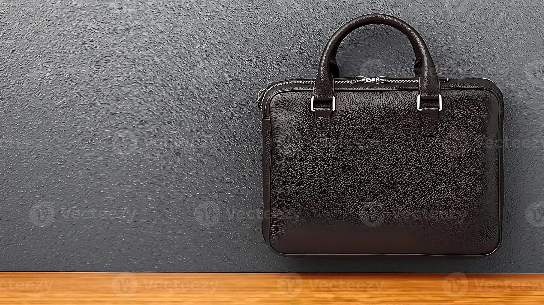 Sleek black leather briefcase resting against a textured gray wall on a wooden table photo