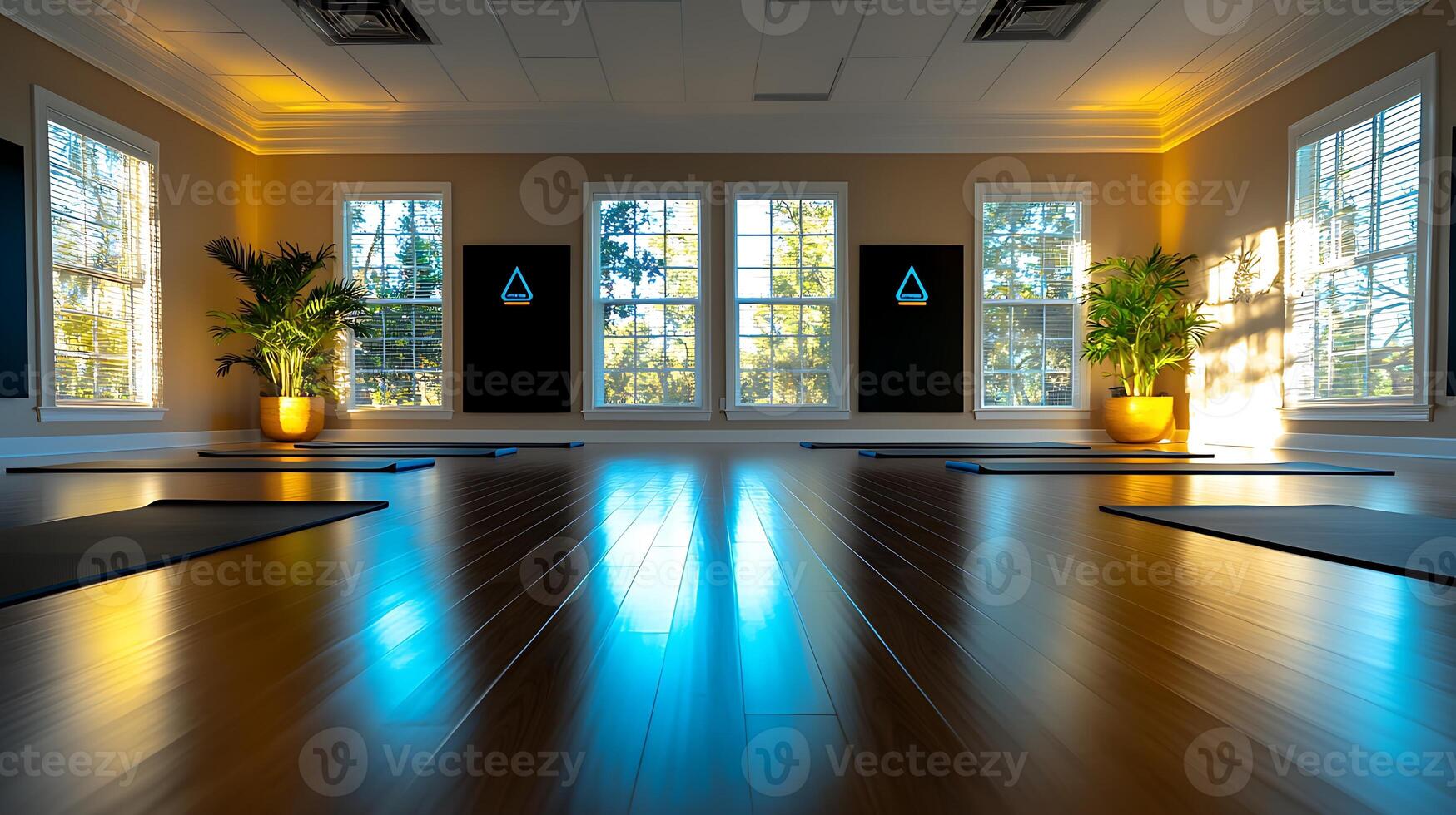 Serene yoga studio with natural light, mats arranged, and plants enhancing a calming atmosphere photo