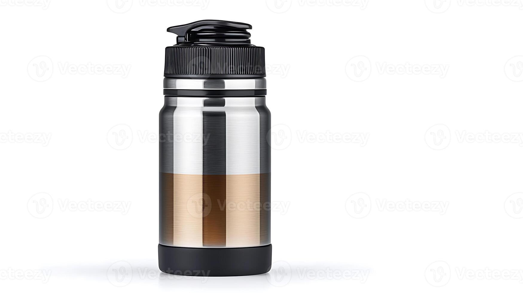 Sleek stainless steel insulated travel mug with a black lid, placed on a white background photo