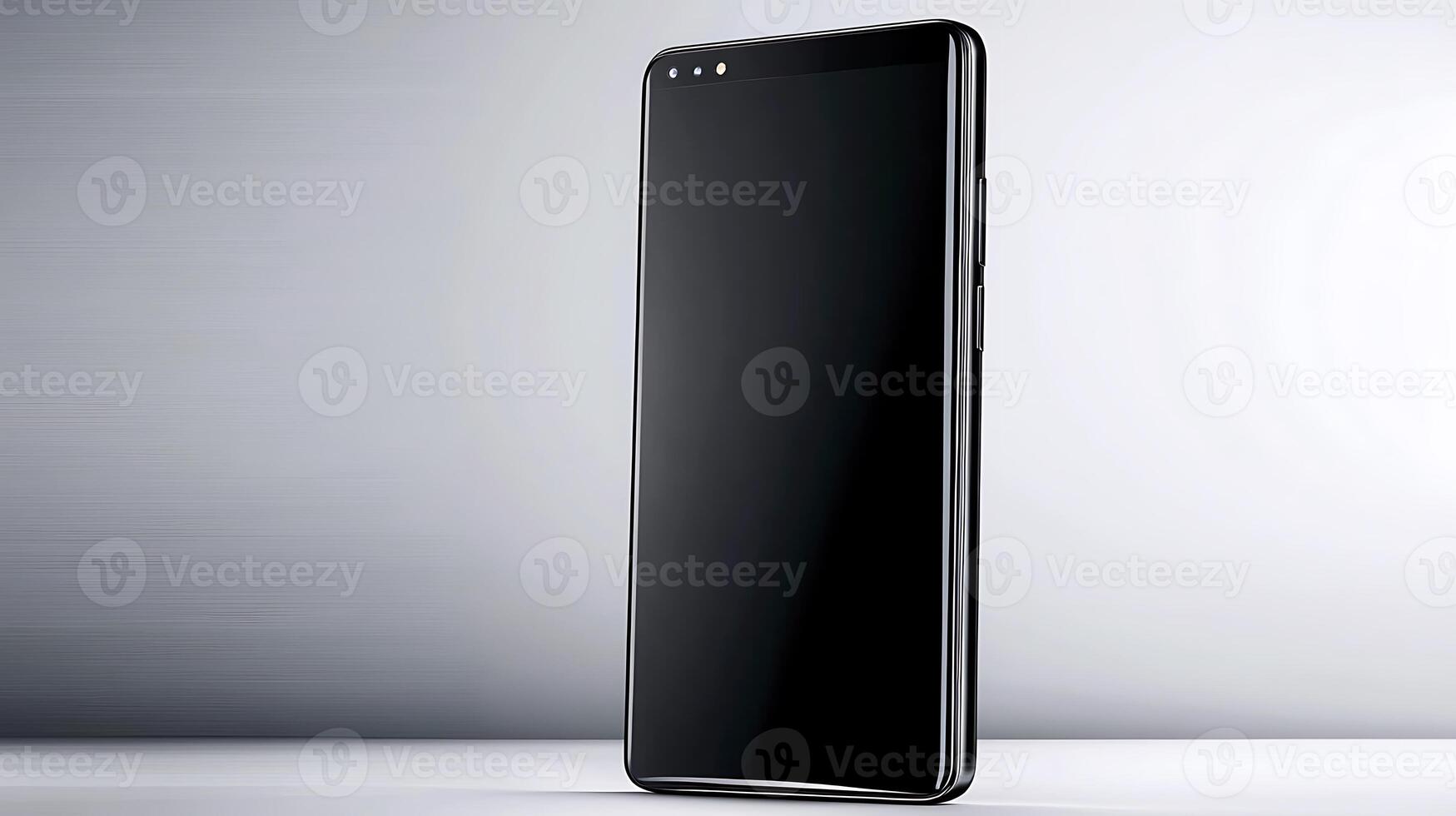 Sleek modern smartphone standing upright on a minimalist background, showcasing its design photo