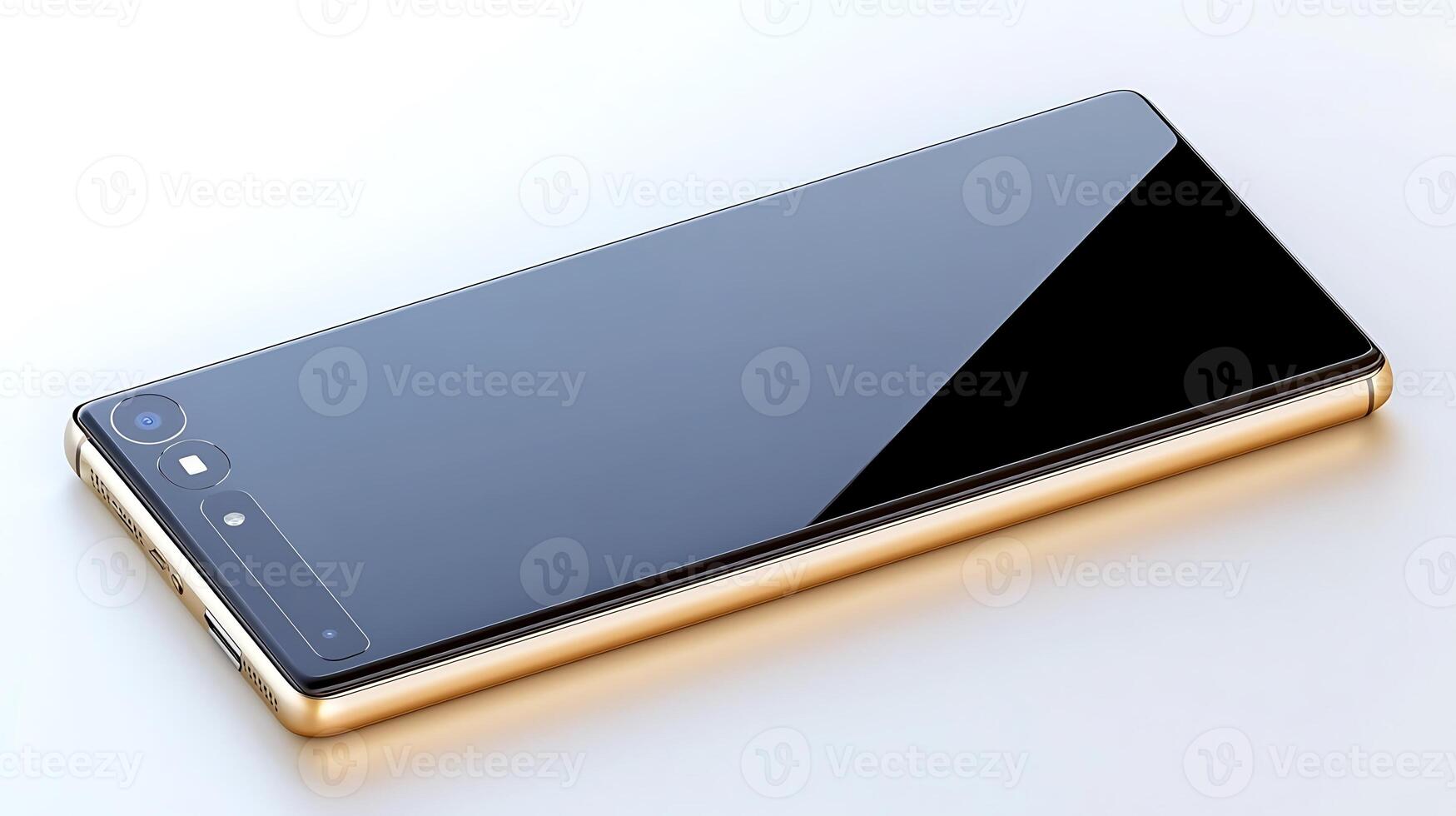 Sleek smartphone design showcasing a glossy black back with a golden edge on a minimalistic surface photo