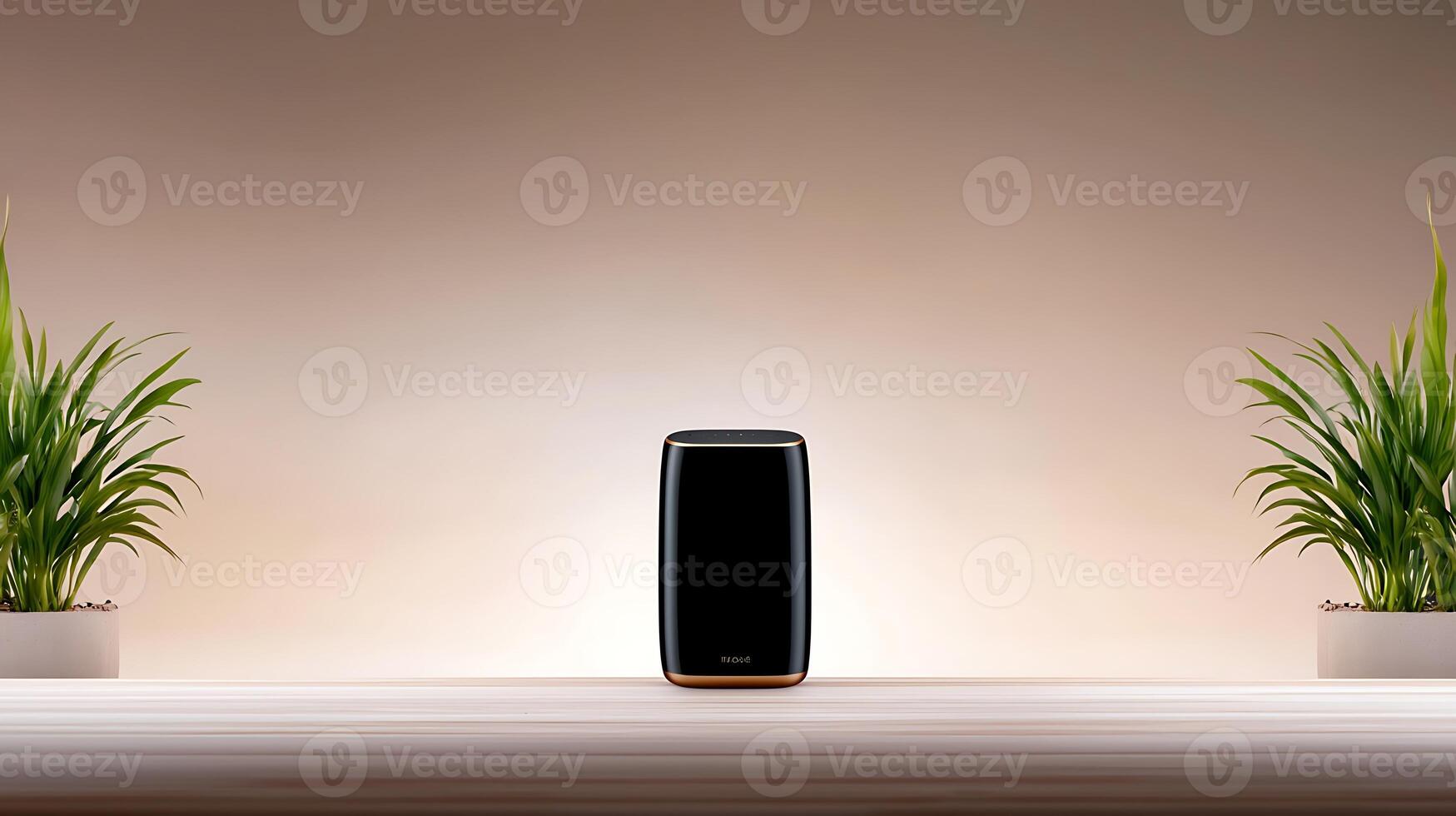 Sleek modern air purifier displayed on a minimalistic wooden table with vibrant green plants photo