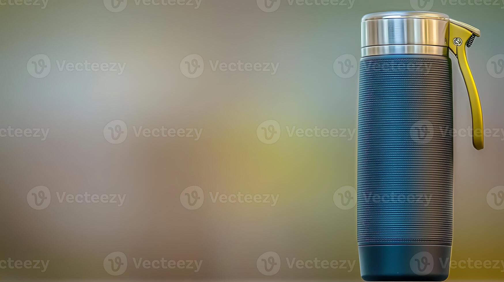 Sleek insulated travel mug with a metallic lid, set against a softly blurred outdoor background photo
