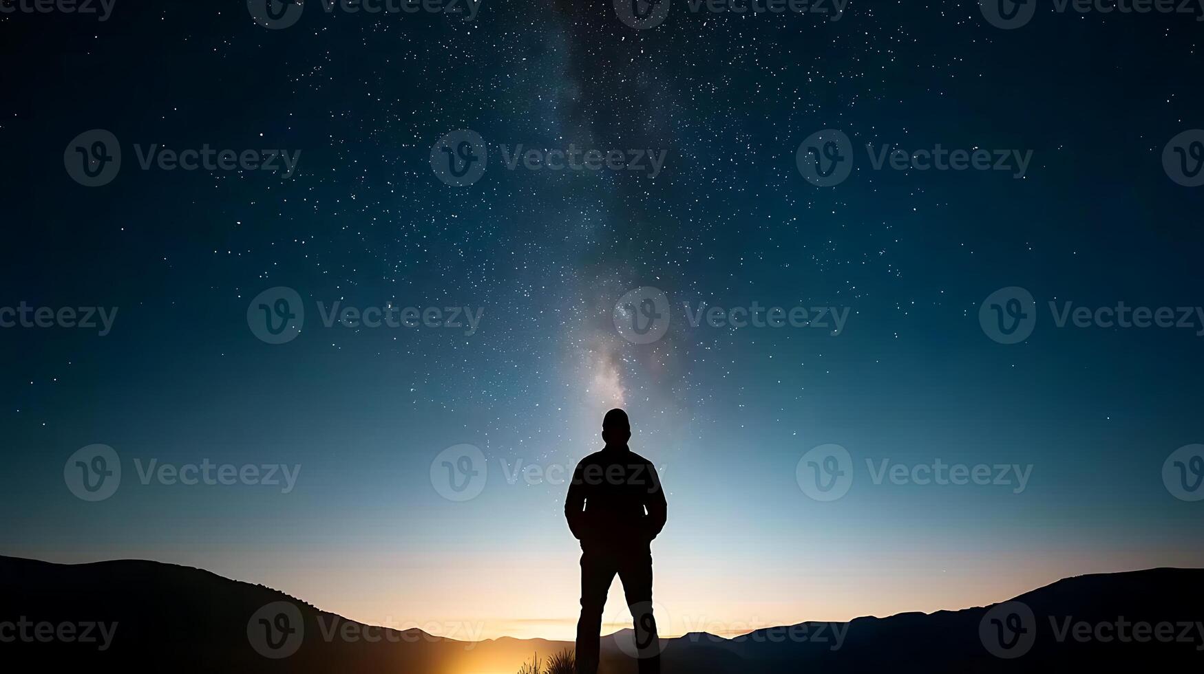 Silhouette of a person gazing at the starry night sky over a serene landscape at dusk photo