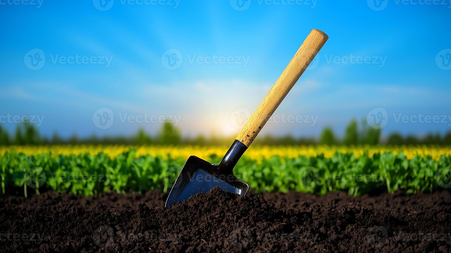 Shovel embedded in rich soil with sun rising over vibrant green field in the background photo