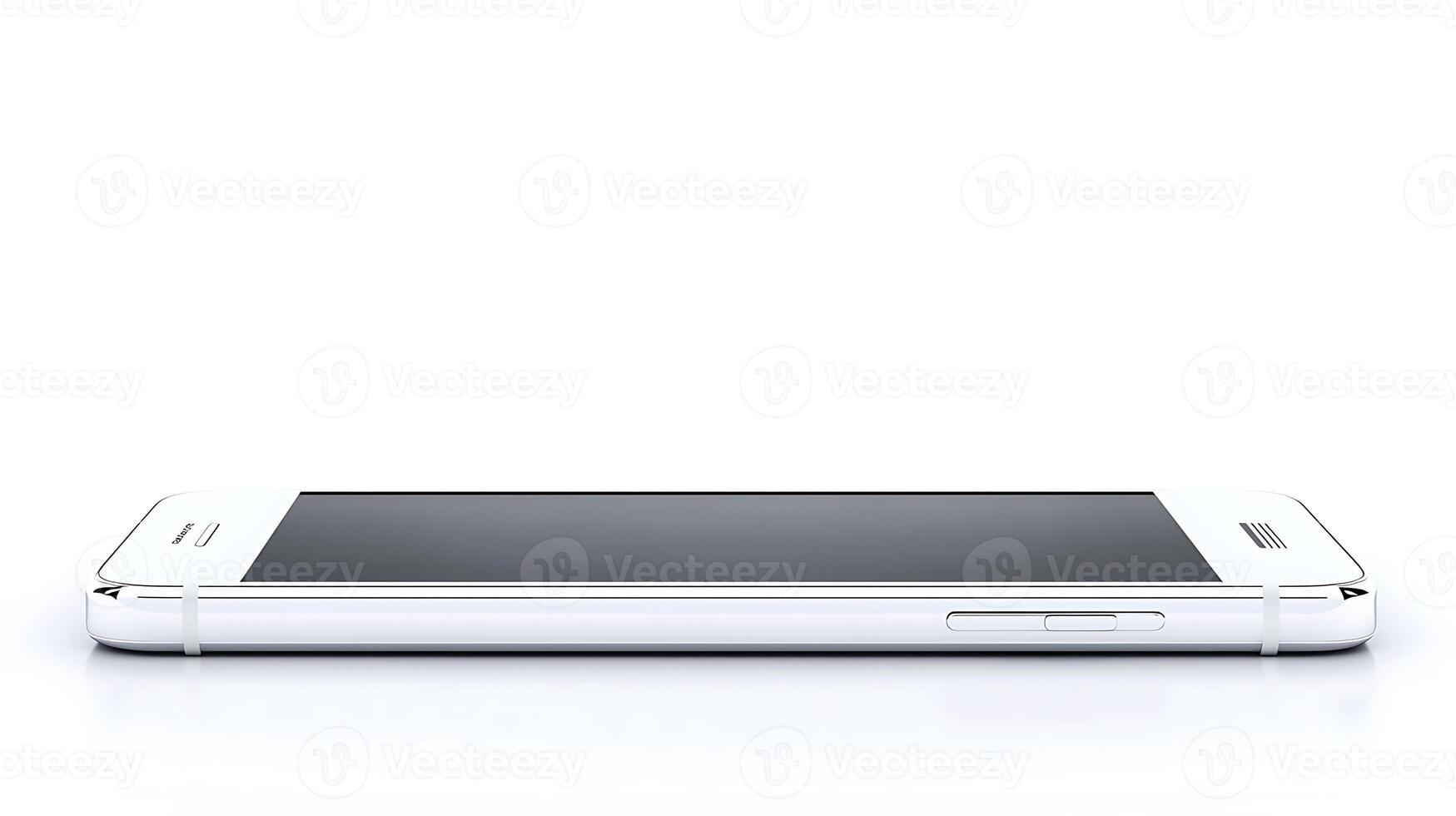 Sleek white smartphone lying flat on a reflective surface, showcasing its minimalist design photo