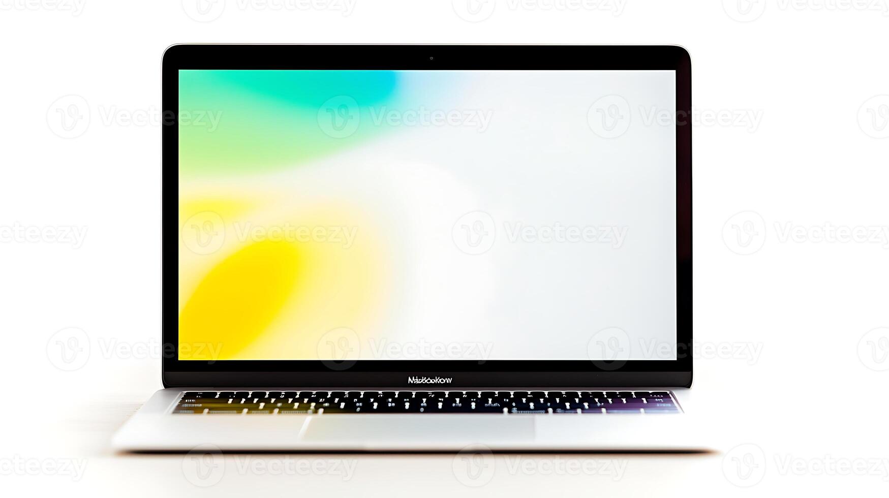 Sleek laptop on a white background showcasing a vibrant, colorful screen ideal for tech presentations photo