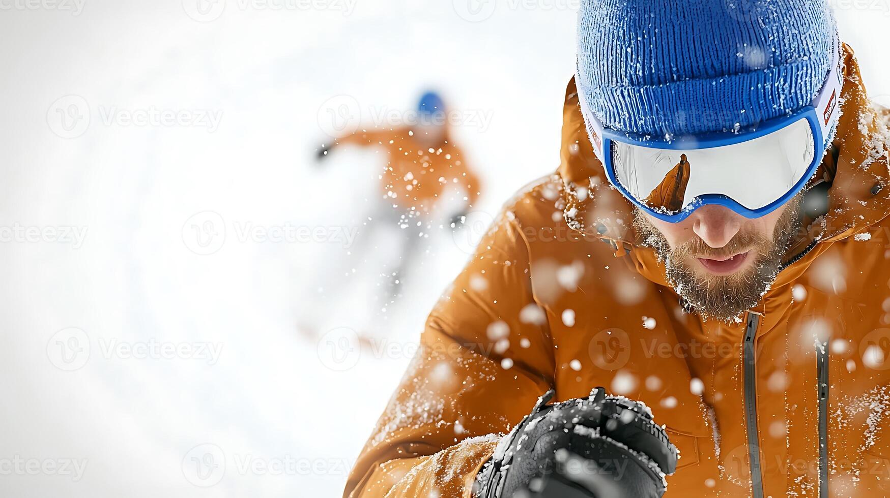 Skier in action amidst a snowy landscape, capturing the thrill of winter sports photo