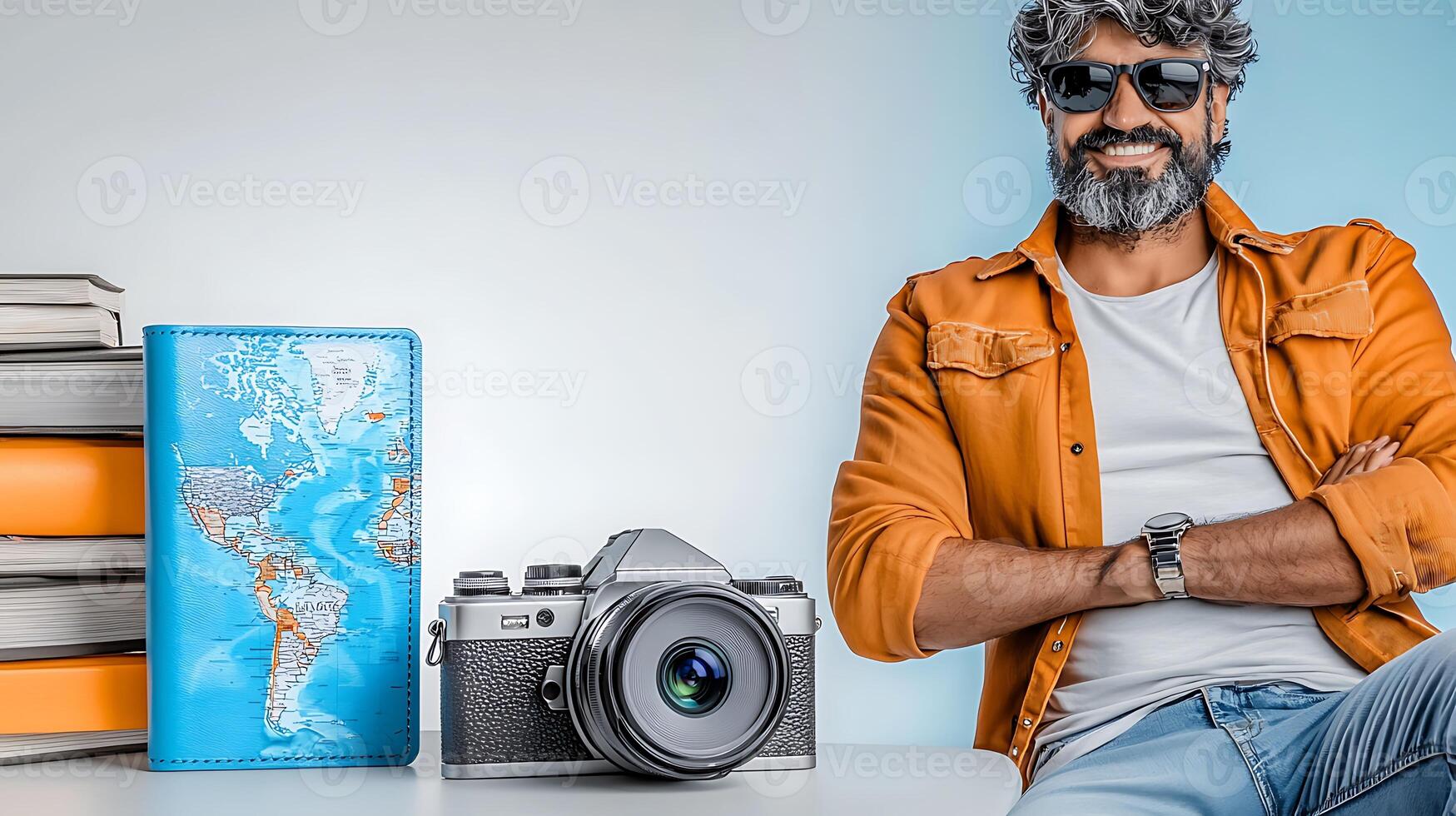 Smiling man with a camera and travel passport on a table surrounded by books in a cozy setting photo