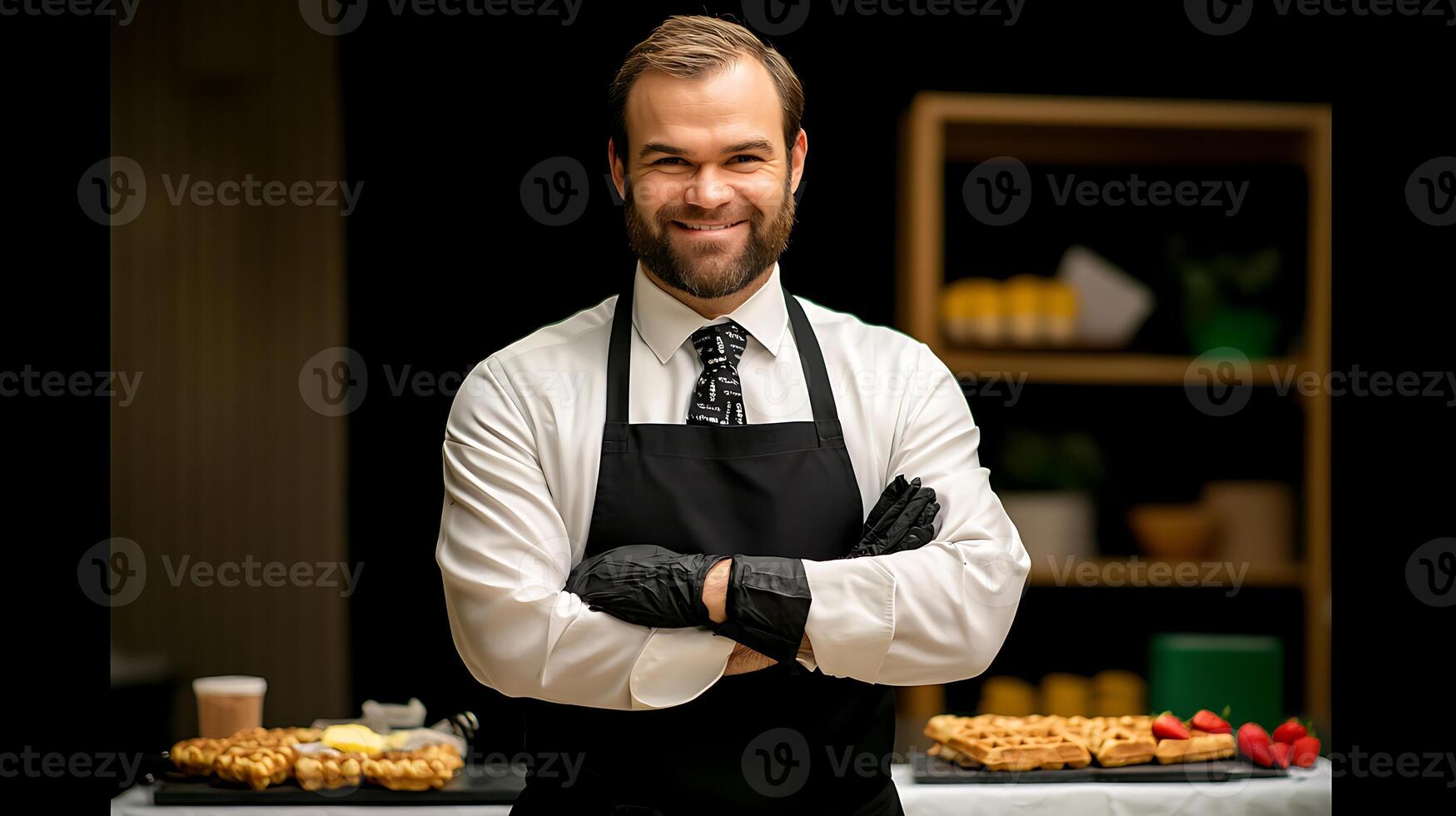 Smiling chef in black apron stands confidently behind a dessert table with assorted treats photo