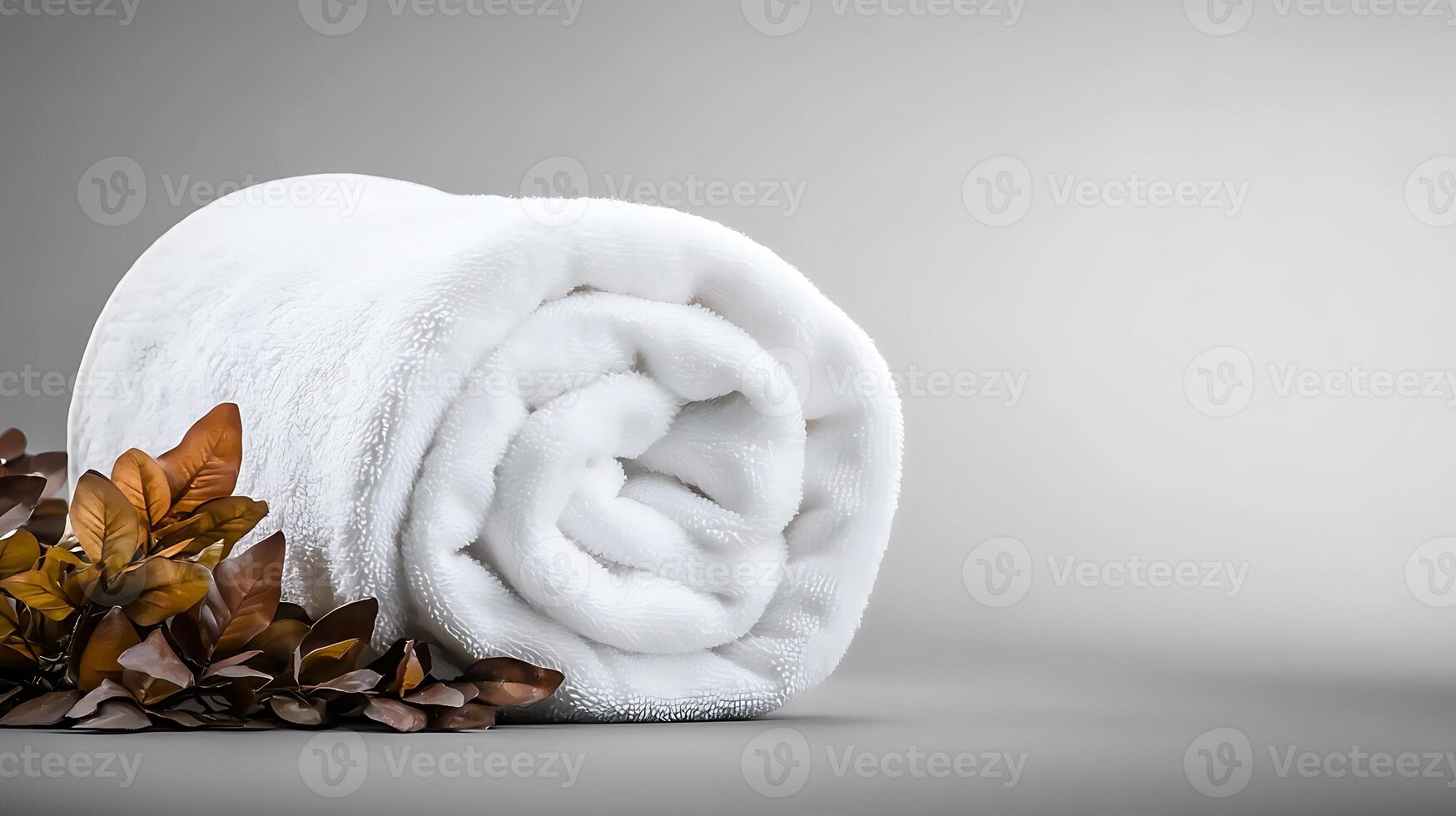 Soft white towel elegantly rolled beside dried leaves on a smooth, neutral background photo