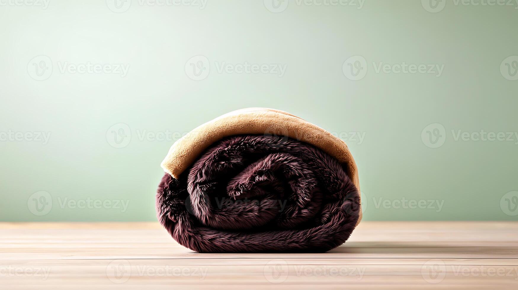 Soft, rolled-up blanket resting on a wooden surface against a muted green background photo