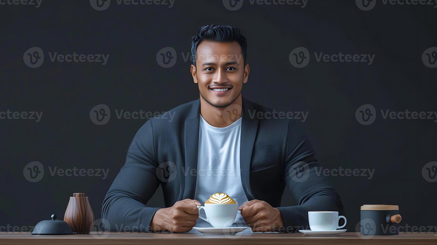 Smiling man in a stylish outfit enjoying coffee at a minimalist caf with dark background photo