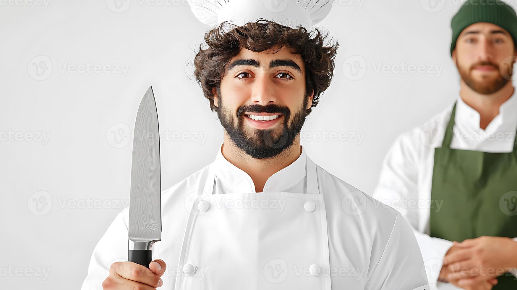 Smiling chef holding a knife in a bright kitchen with another chef in the background photo