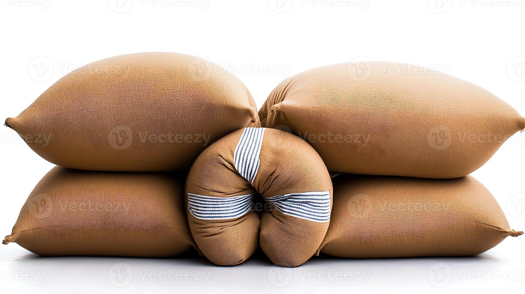 Stacked cushions in warm tones, showcasing texture and design against a white background photo