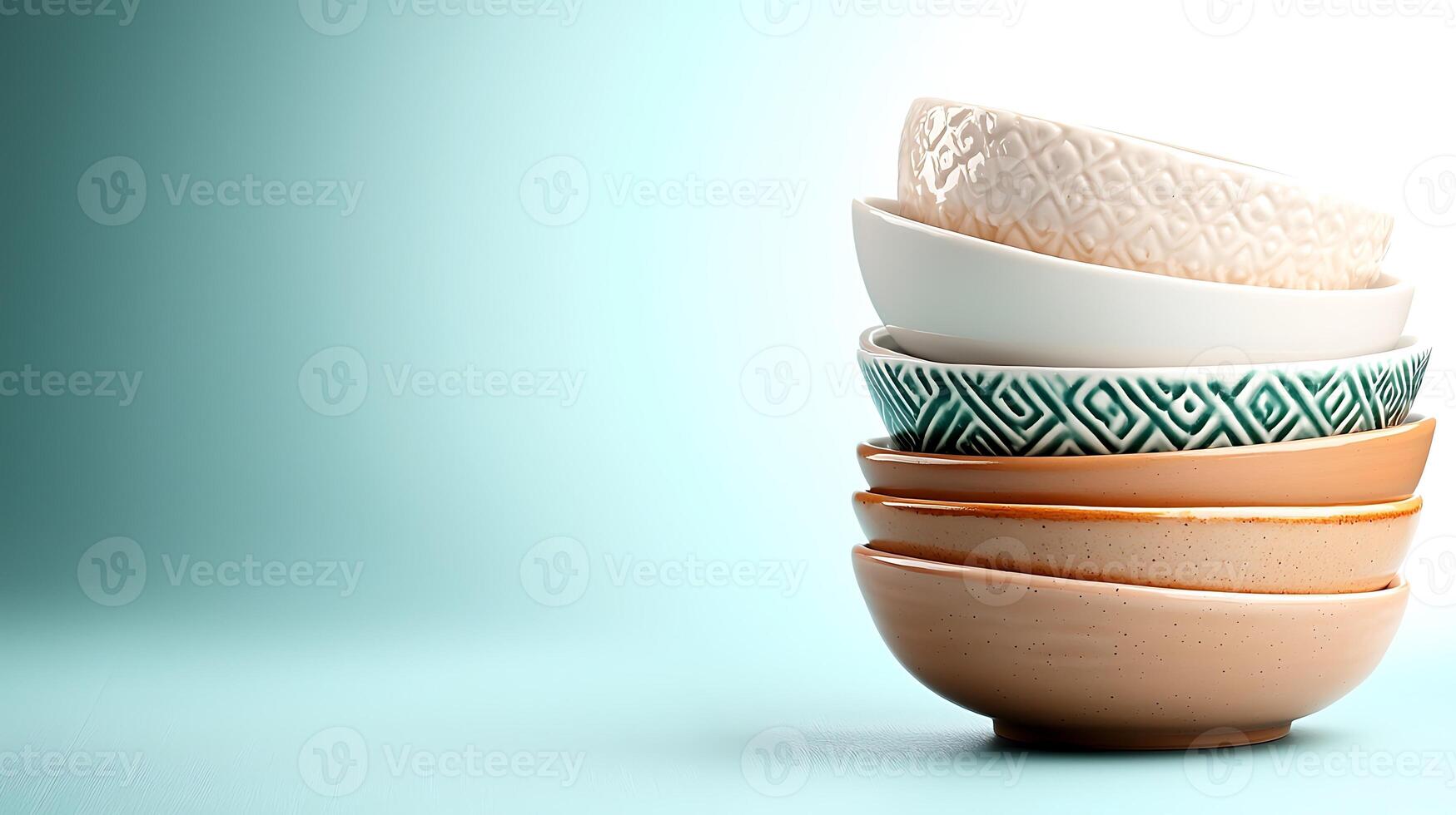 Stacked ceramic bowls in various colors and patterns against a soft gradient background photo
