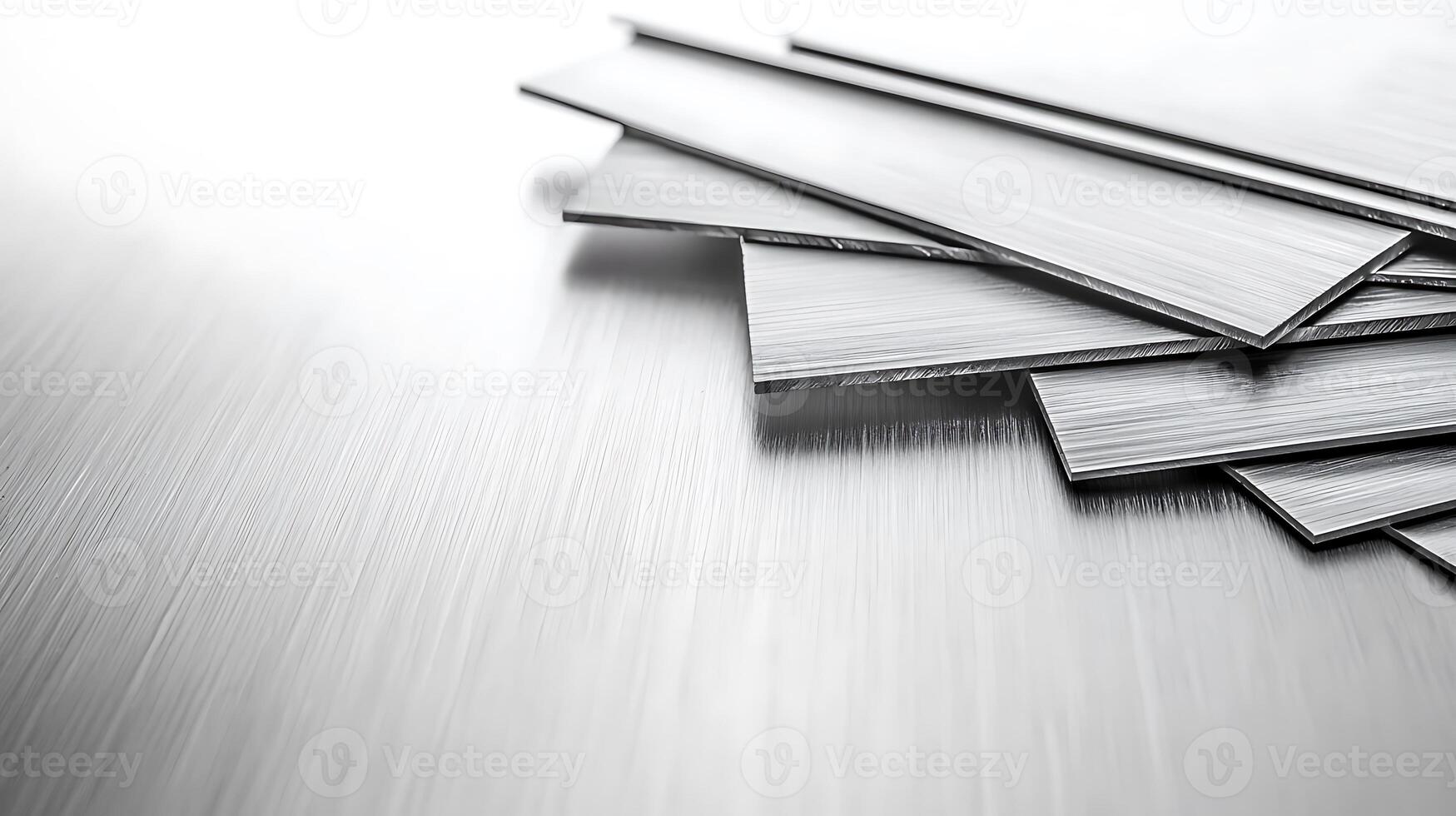 Stacked metal sheets with a smooth brushed finish, reflecting light in a minimalist setting photo