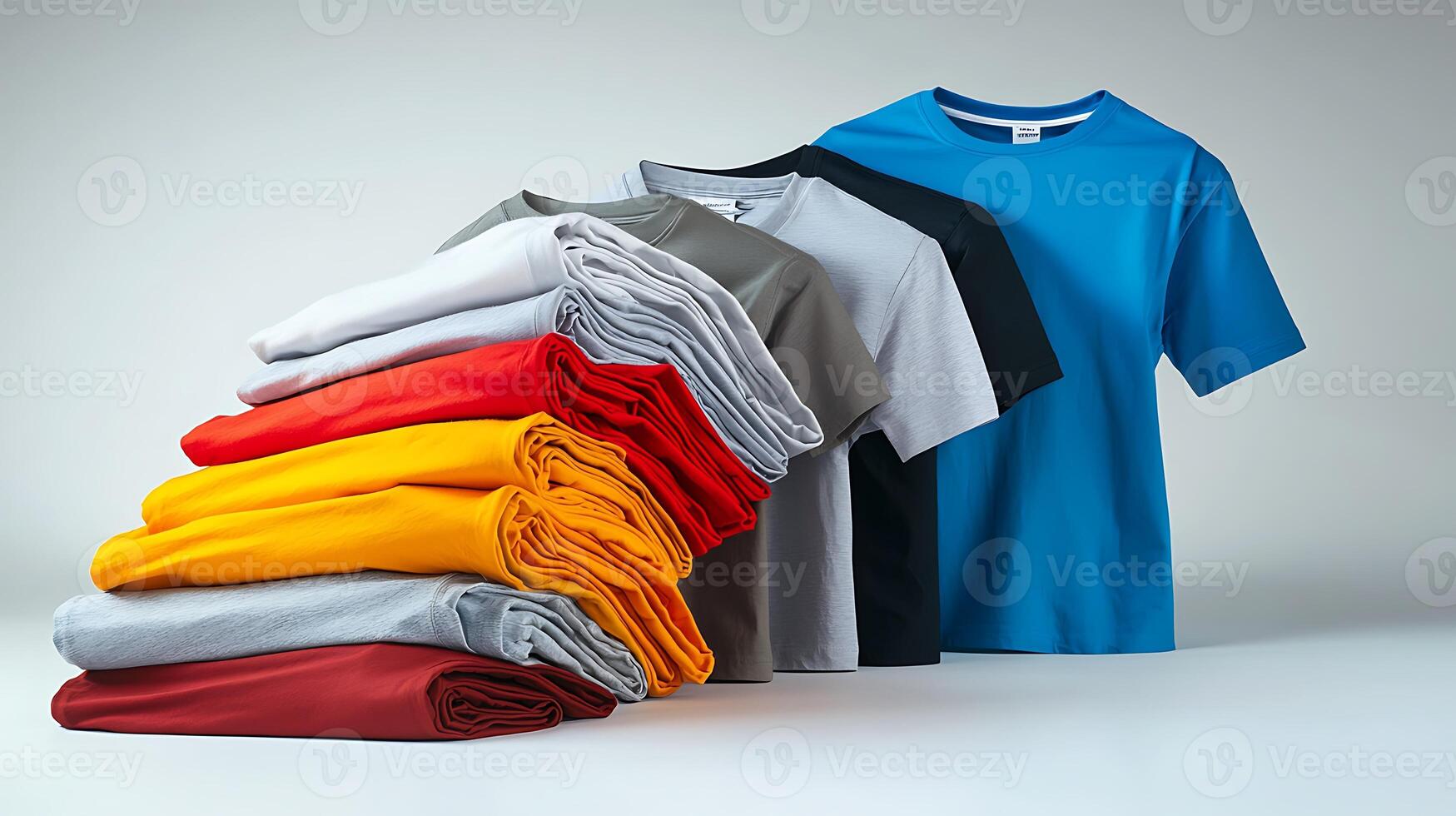 Stacked colorful t-shirts in various shades arranged neatly with a plain background photo