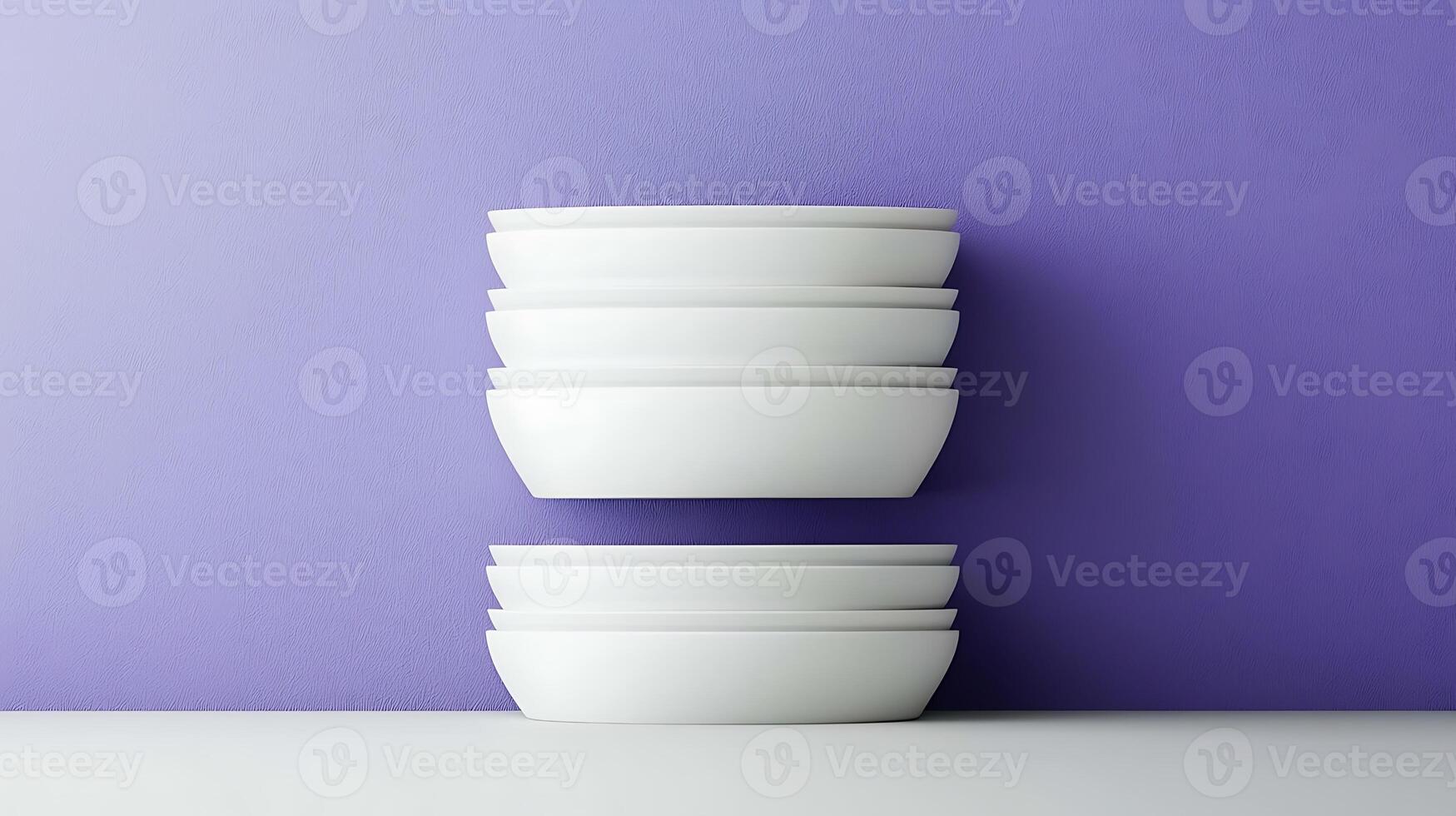 Stacked white bowls on a minimalist surface against a vibrant purple wall, creating a modern aesthetic photo