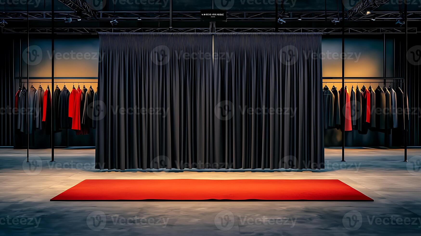 Stylish clothing display in a modern showroom with red carpet and black curtains photo