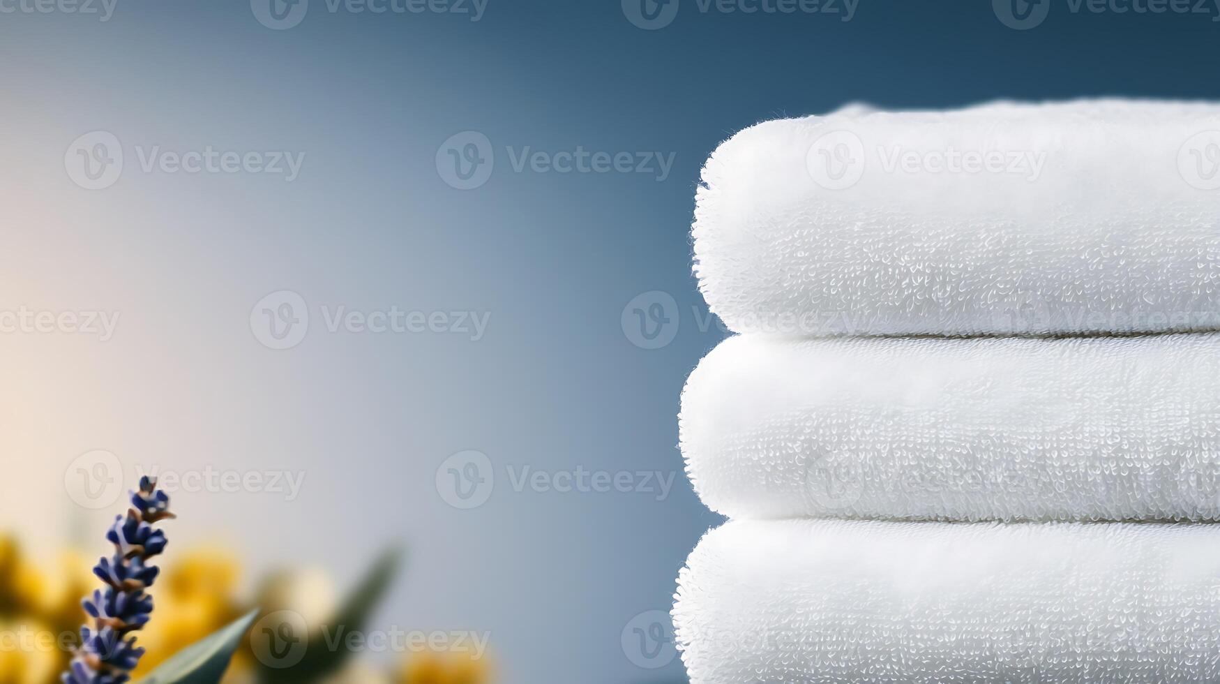 Stacked white towels with lavender and yellow flowers in a serene spa-like setting photo