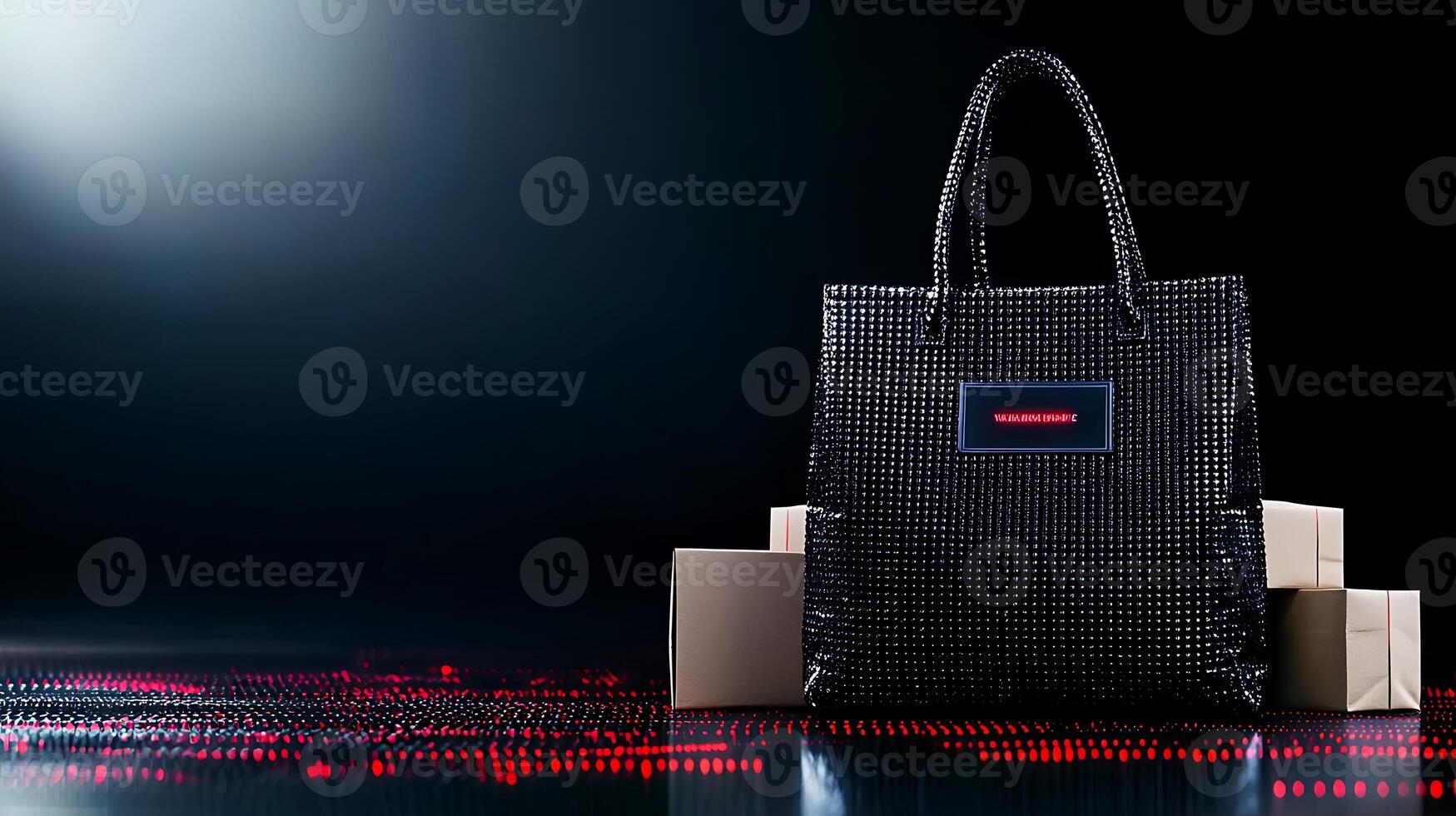 Stylish black tote bag on a reflective surface with cardboard boxes and soft lighting photo