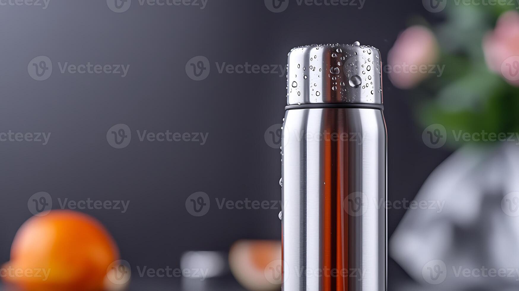 Stainless steel water bottle with droplets, orange in foreground, blurred flowers in background photo