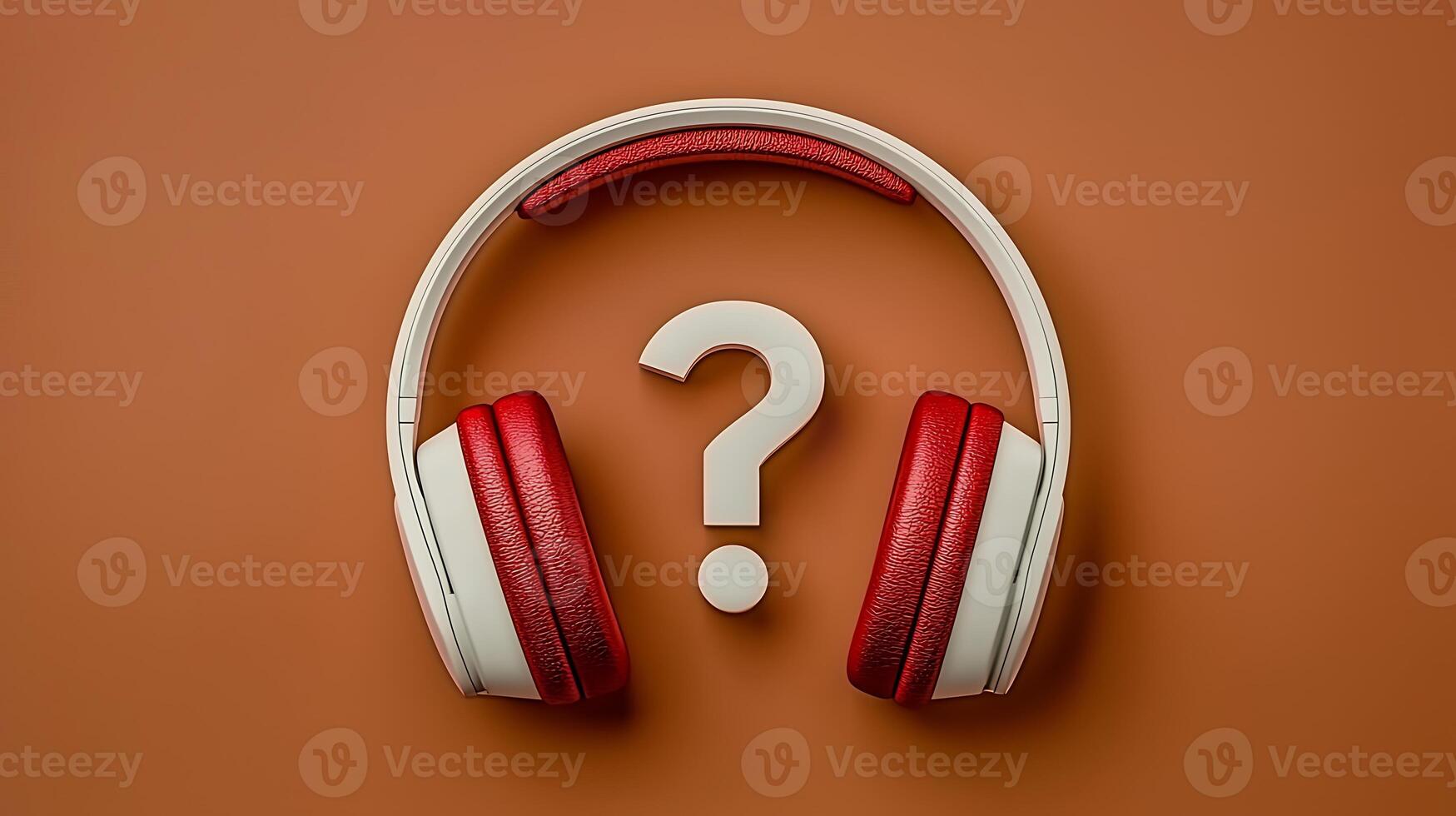 Stylish red and white headphones with a question mark on an orange background, symbolizing curiosity photo