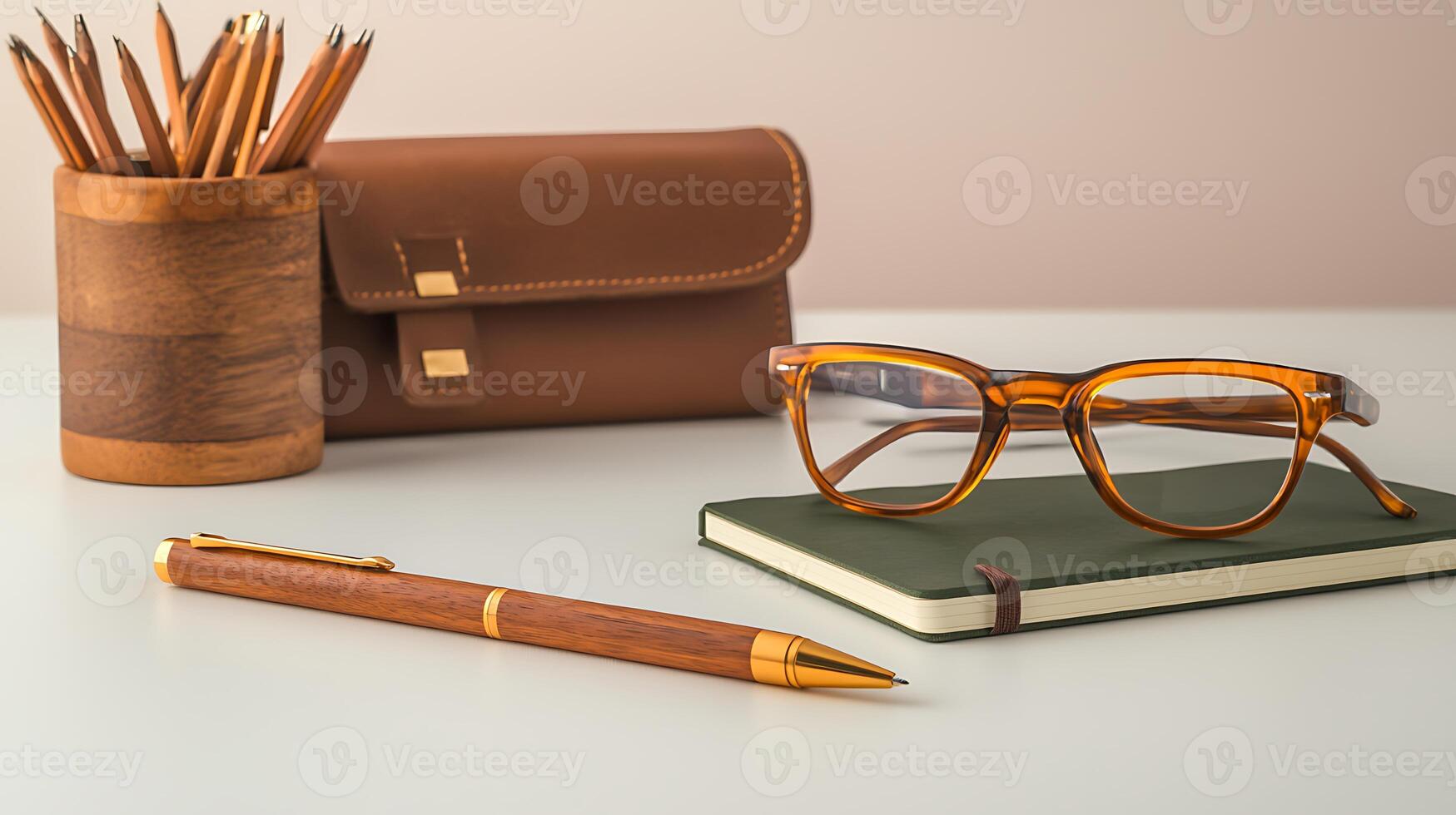 Stylish workspace featuring eyeglasses, notebook, pen, and pencil holder on a clean desk photo