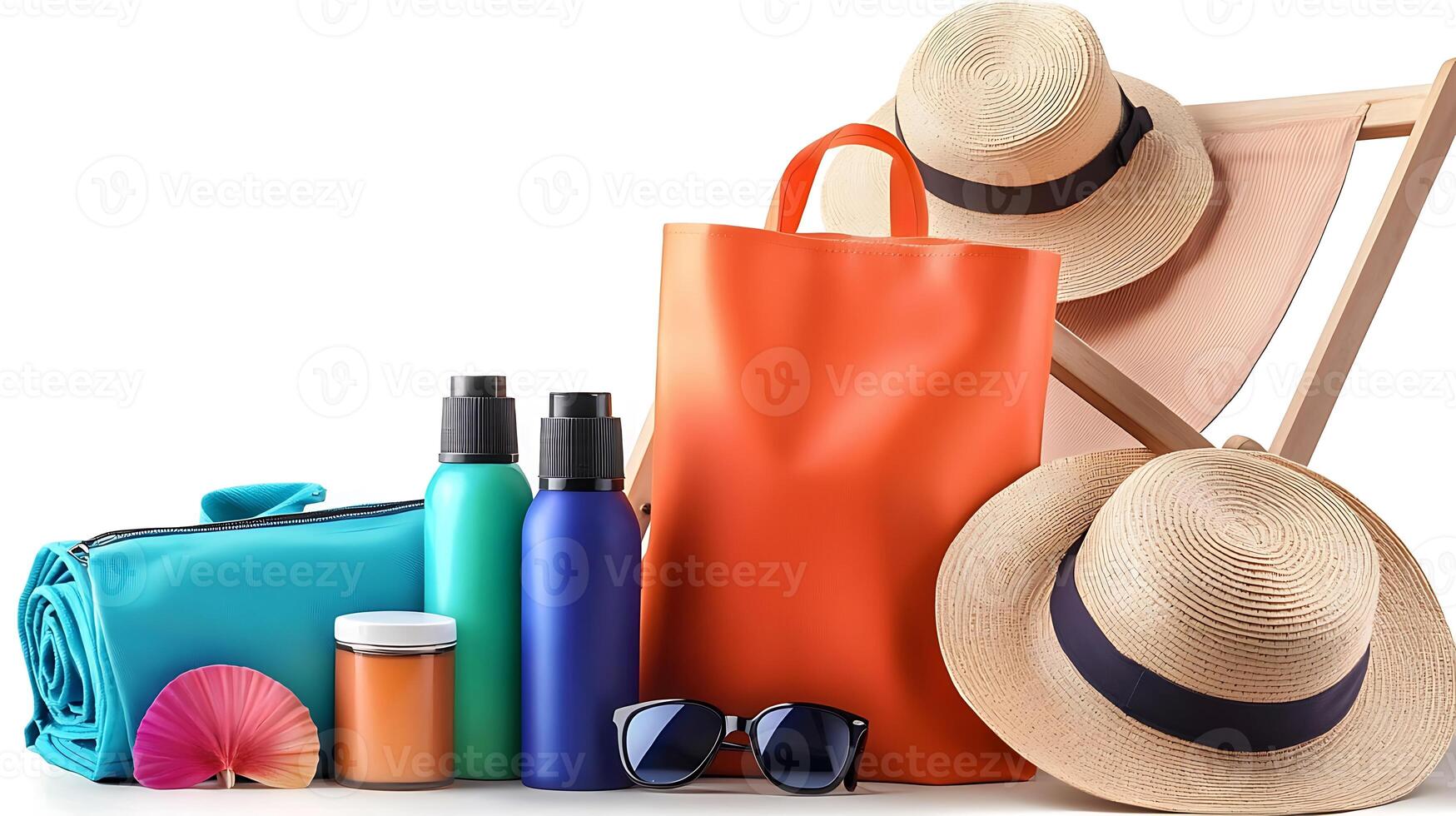 Summer beach essentials including bags, sunscreen, and hats arranged with a colorful backdrop photo