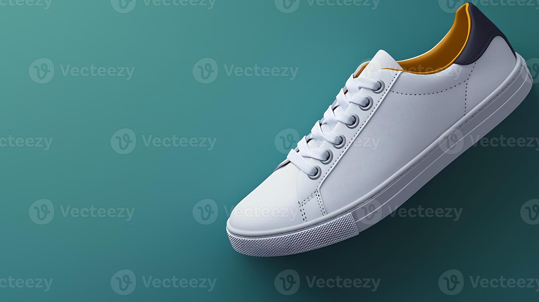 Stylish white sneaker with yellow and navy accents on a smooth teal background photo