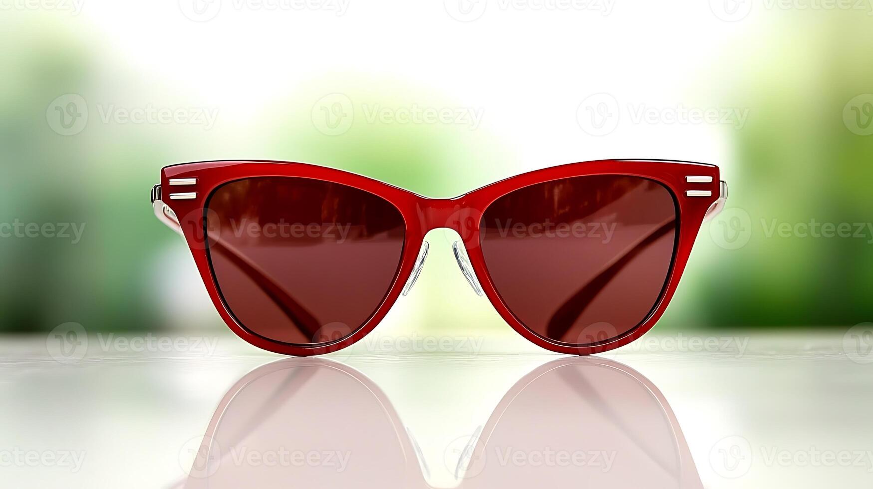 Stylish red cat-eye sunglasses placed on a reflective surface with a blurred green background photo