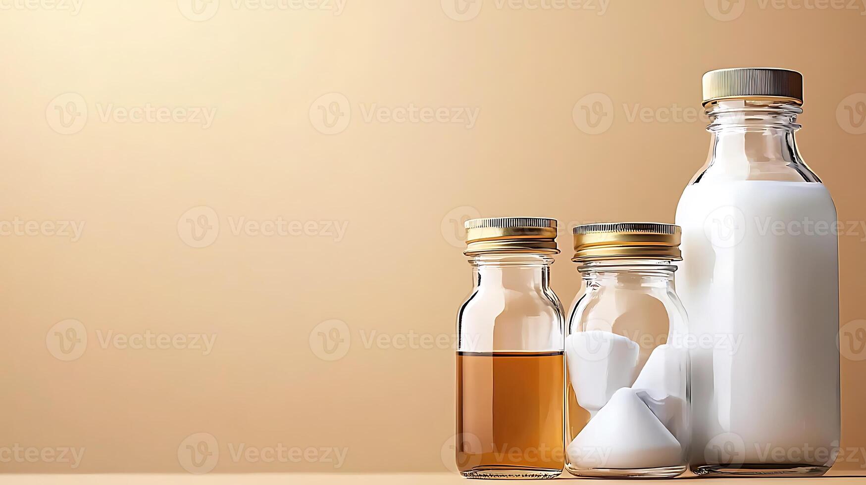 Three glass bottles containing milk, sugar, and syrup against a soft gradient background photo