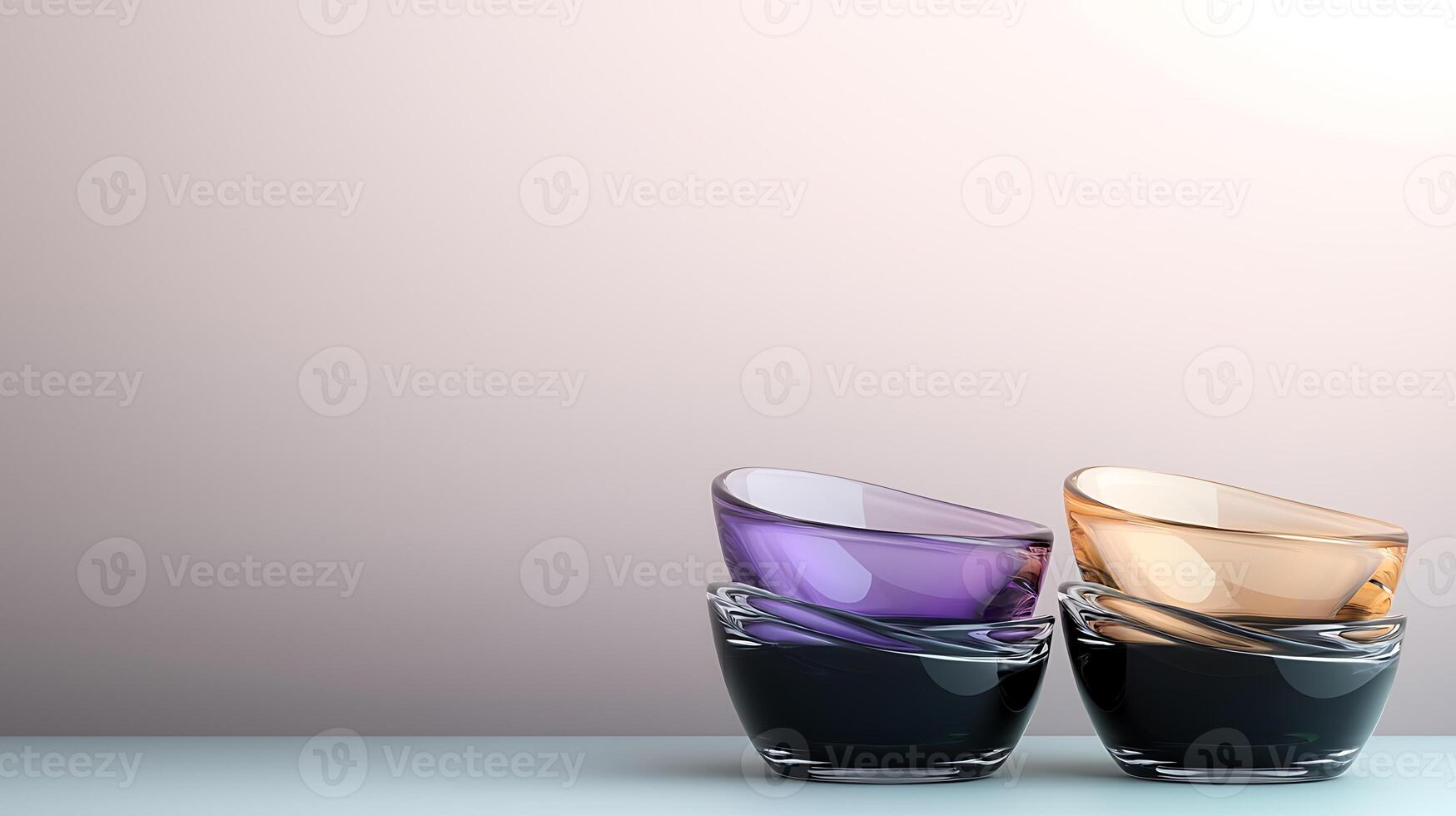 Three elegantly stacked glass bowls in vibrant colors against a soft gradient background photo