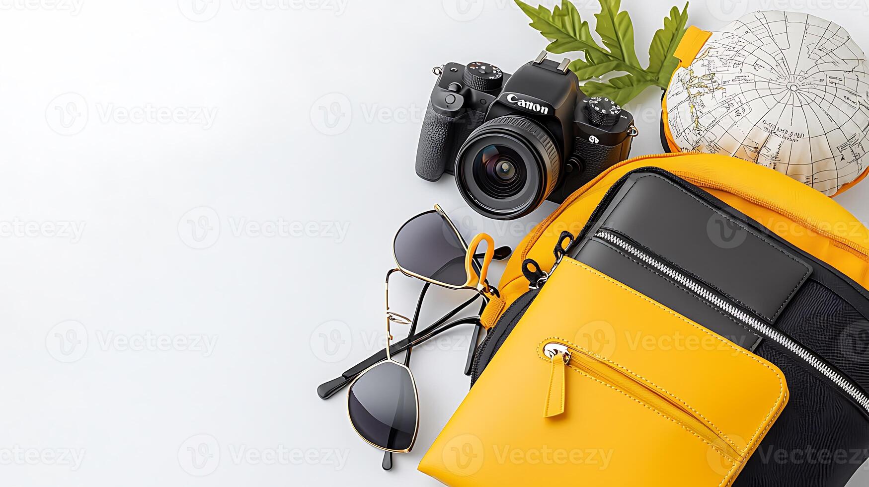 Travel essentials including a camera, sunglasses, and a map arranged on a clean surface photo