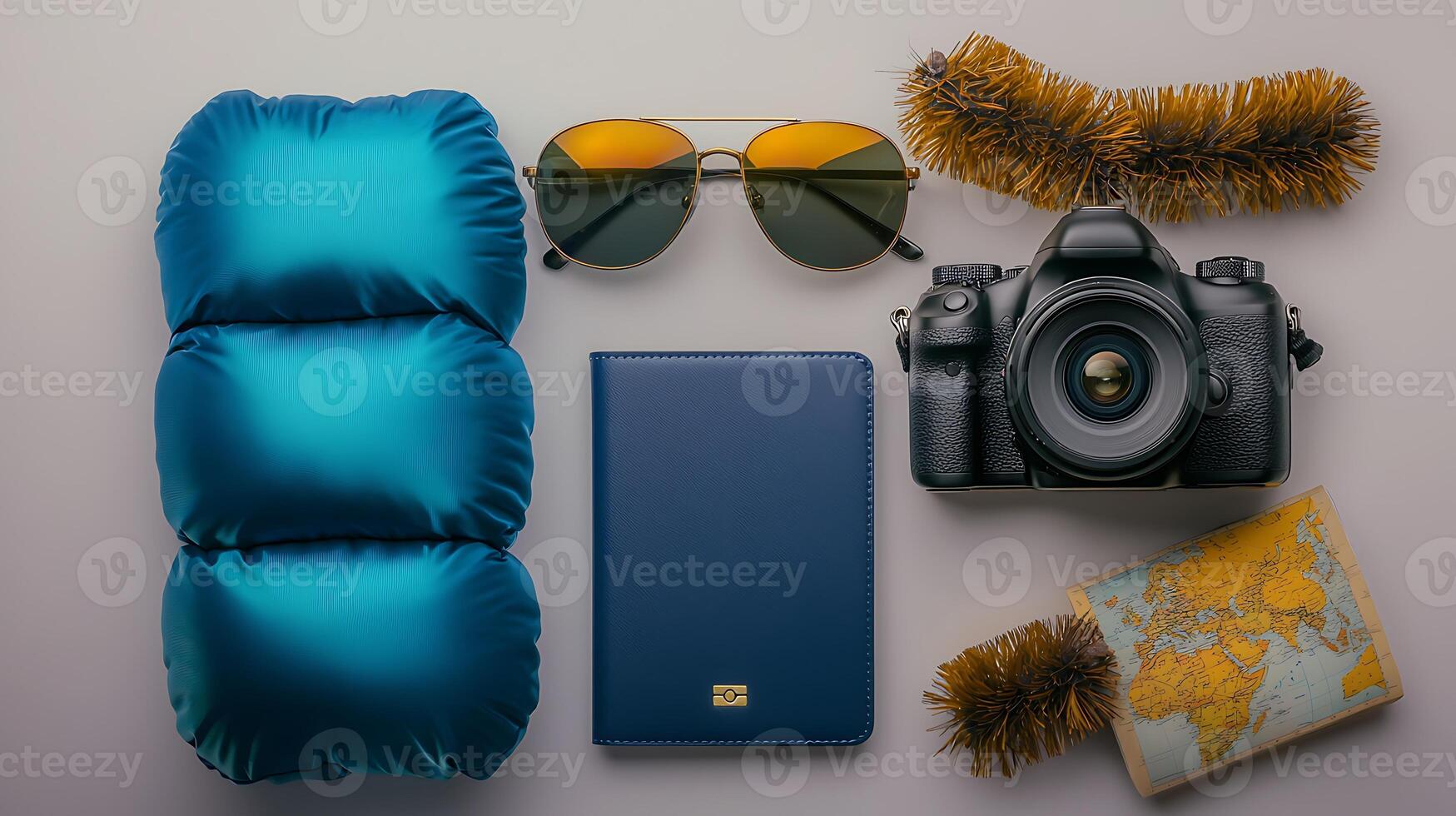 Travel essentials arranged on a flat surface, including a camera, sunglasses, and a map photo