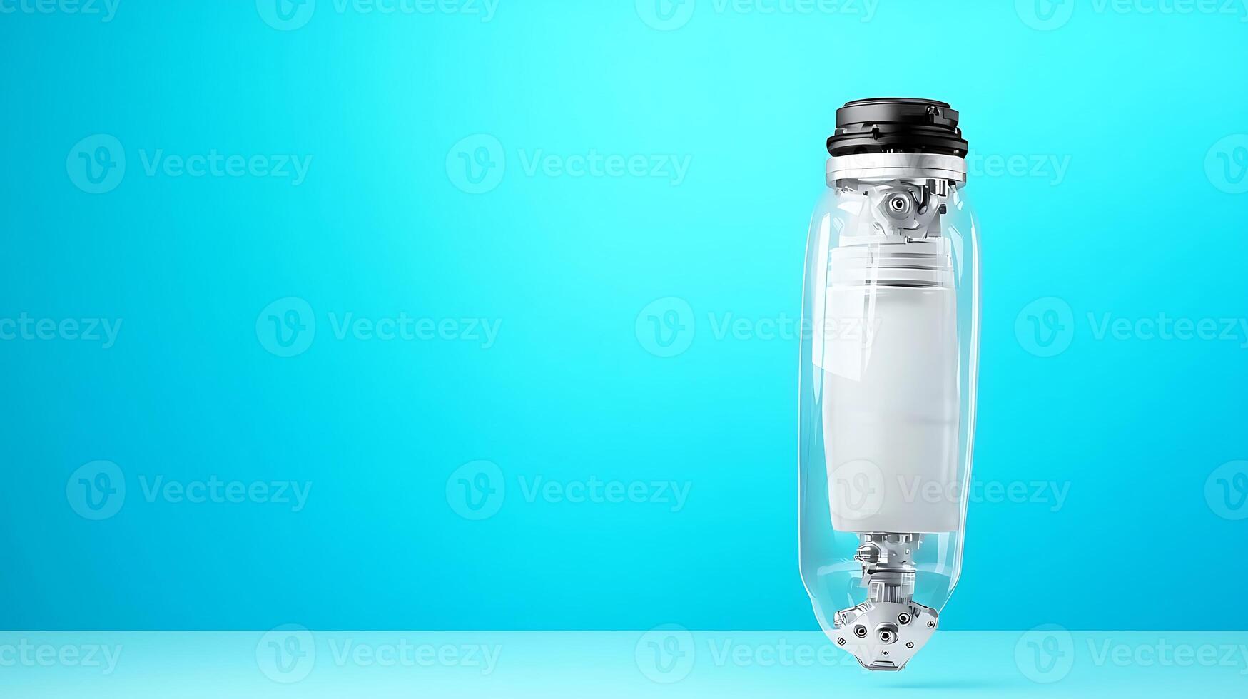 Transparent robotic arm component against a bright blue background showcasing modern technology photo