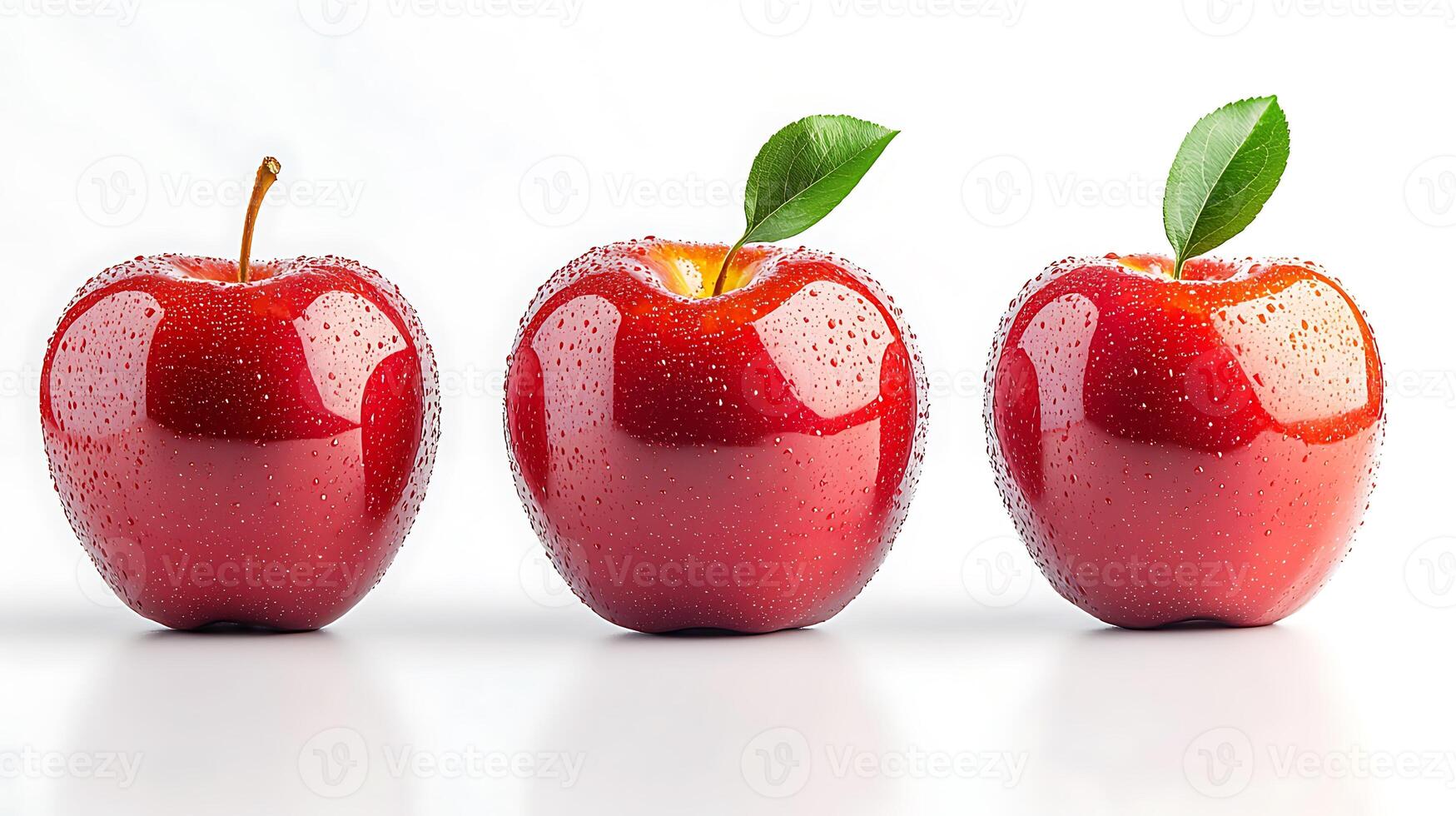 Three glistening red apples with droplets on a white background, showcasing freshness and appeal photo