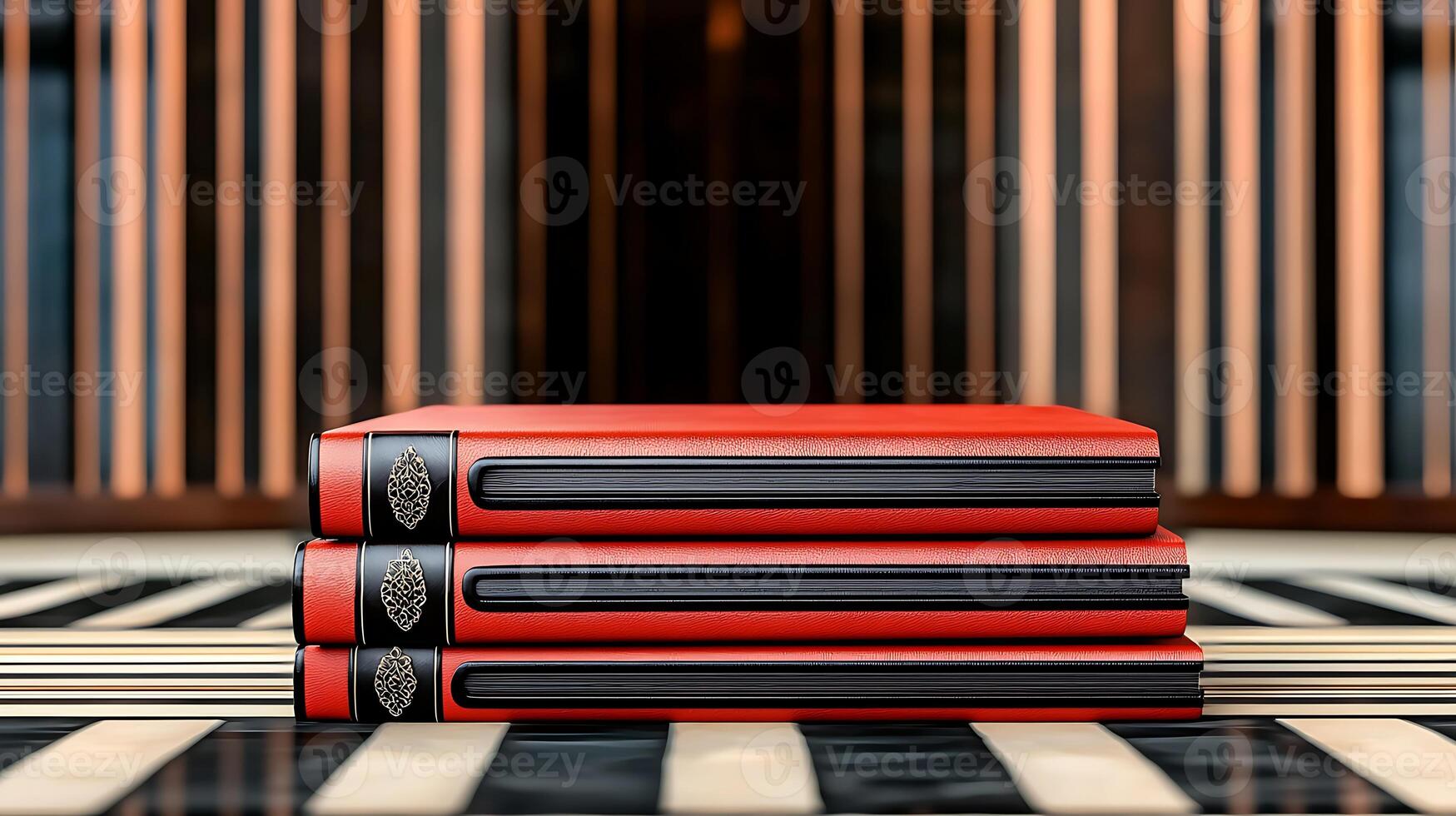 Three stacked red books on a patterned floor with a modern striped background photo