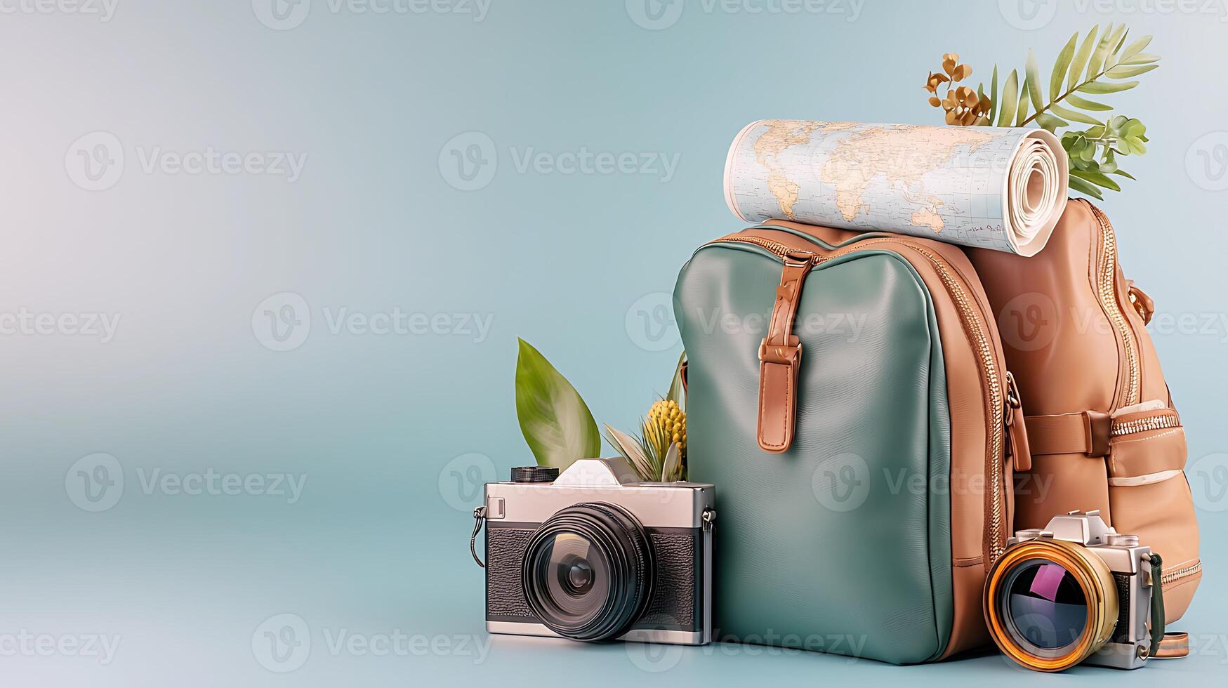 Travel essentials including a backpack, vintage camera, map, and greenery on a soft background photo