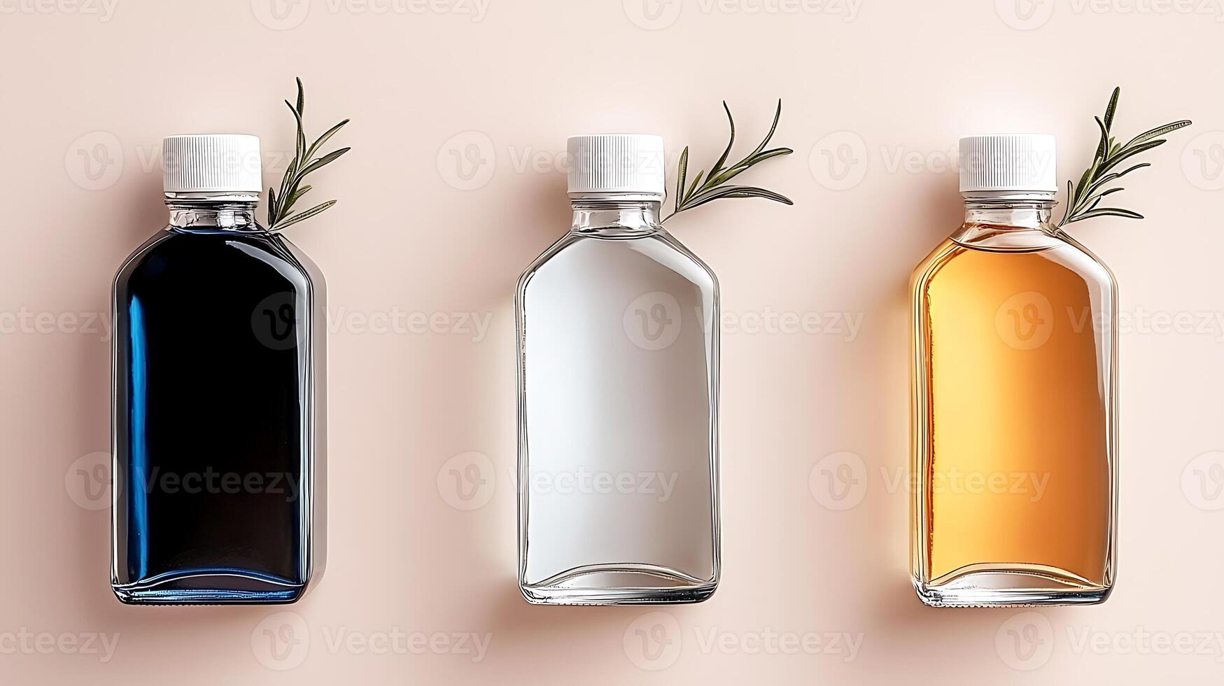 Three elegantly arranged glass bottles containing various liquids, garnished with rosemary, on a soft pastel background photo