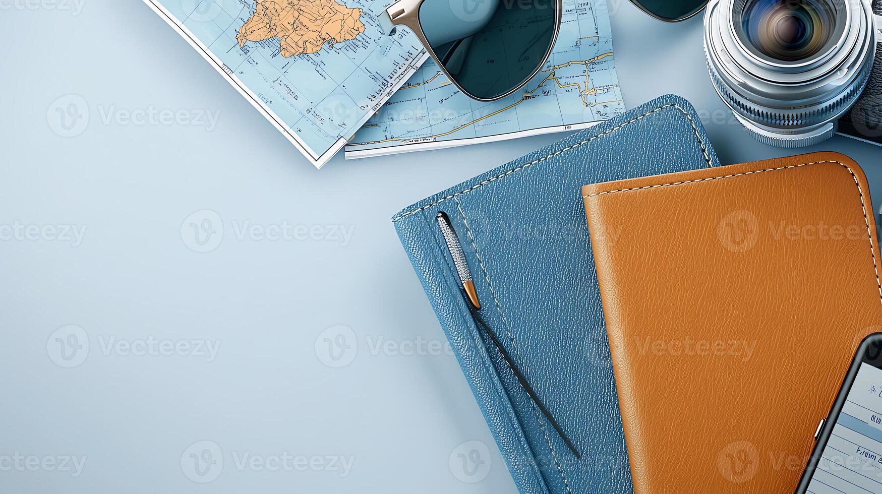 Travel essentials including maps, notebooks, sunglasses, and a camera lens on a blue surface photo