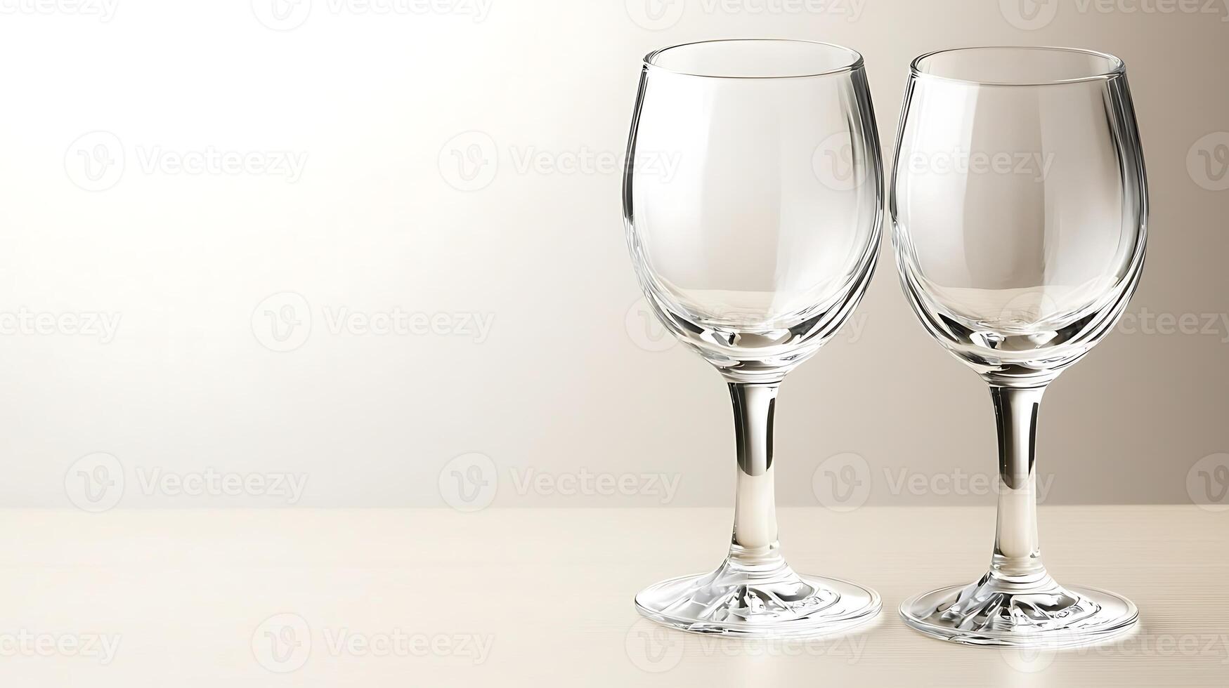 Two elegant crystal wine glasses on a minimalist table against a soft gradient background photo