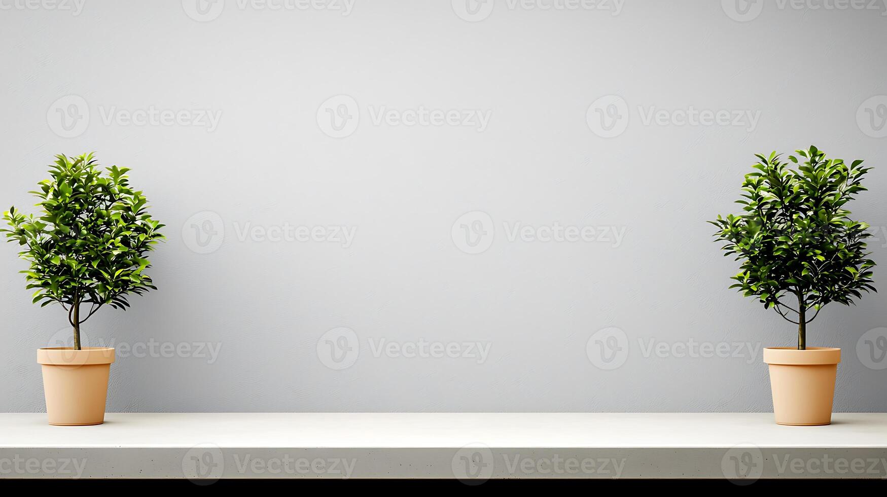 Two potted plants on a minimalist shelf against a plain gray wall, creating a serene atmosphere photo