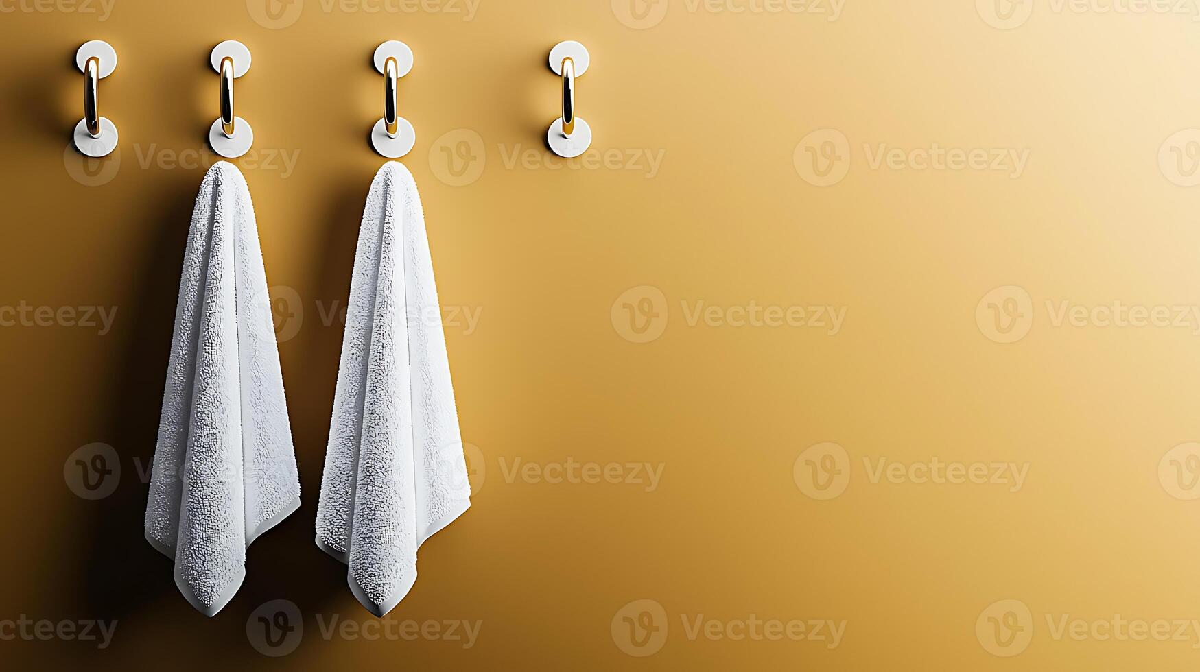 Two white towels hanging on sleek hooks against a warm golden wall in a modern bathroom setting photo